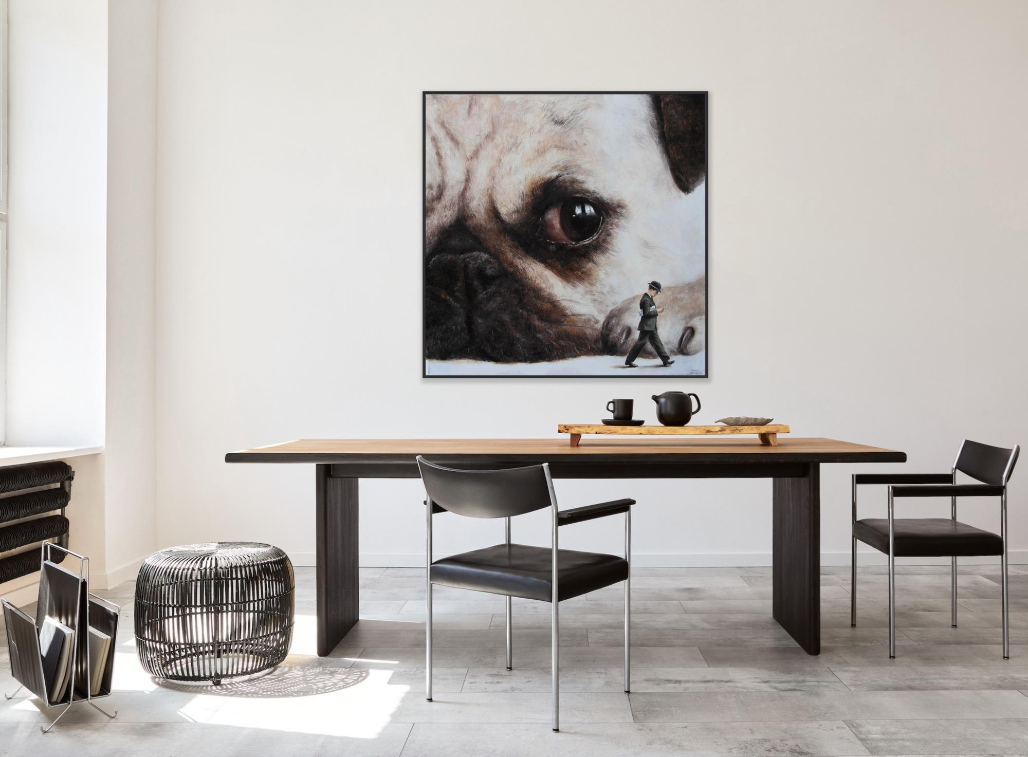 Incident II (Pug face dog man's best friend vintage oil painting surreal) For Sale 3