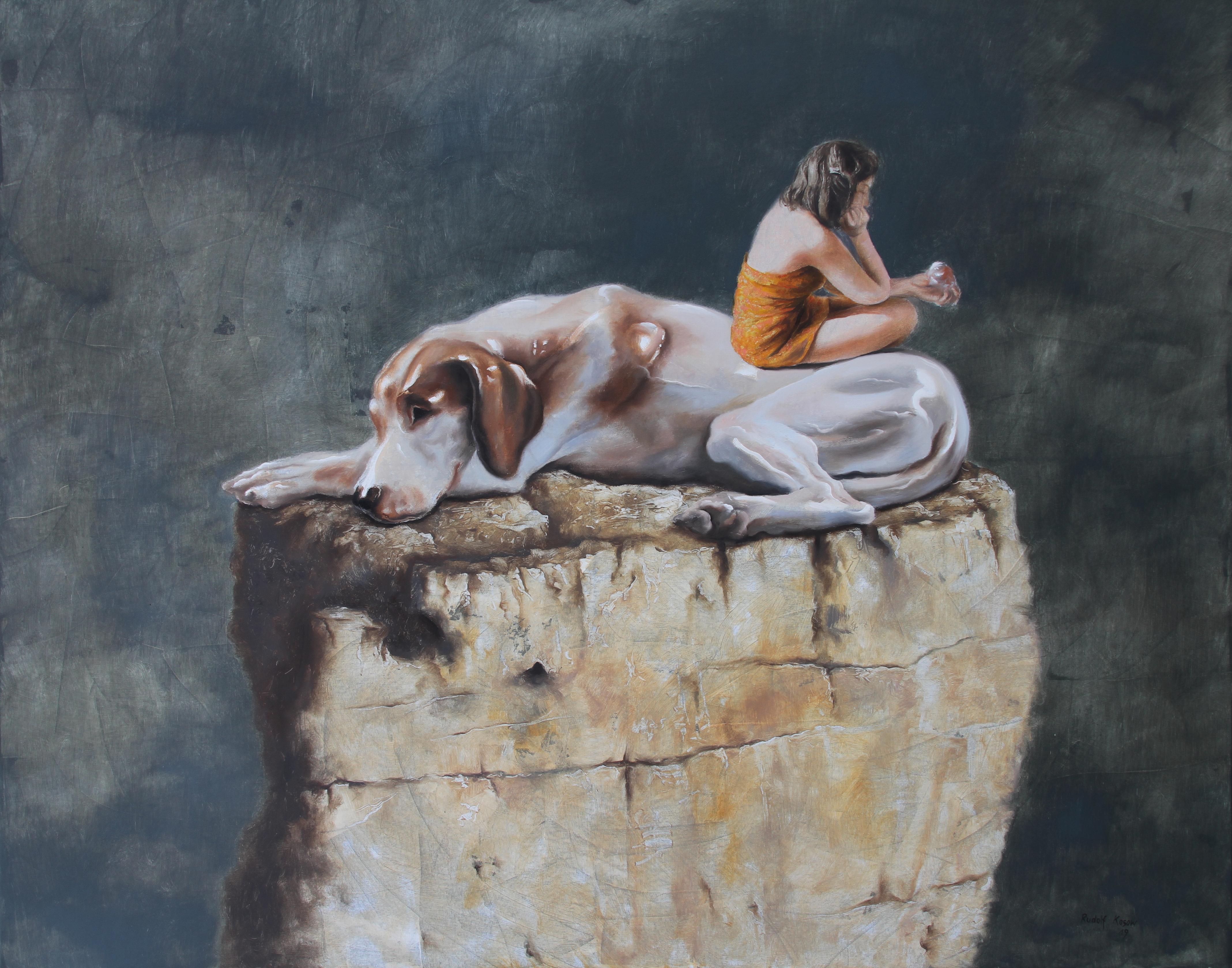 Rudolf Kosow Figurative Painting -  Incompatible (cliff dog girl orange dress surrealism scale nostalgia vintage)