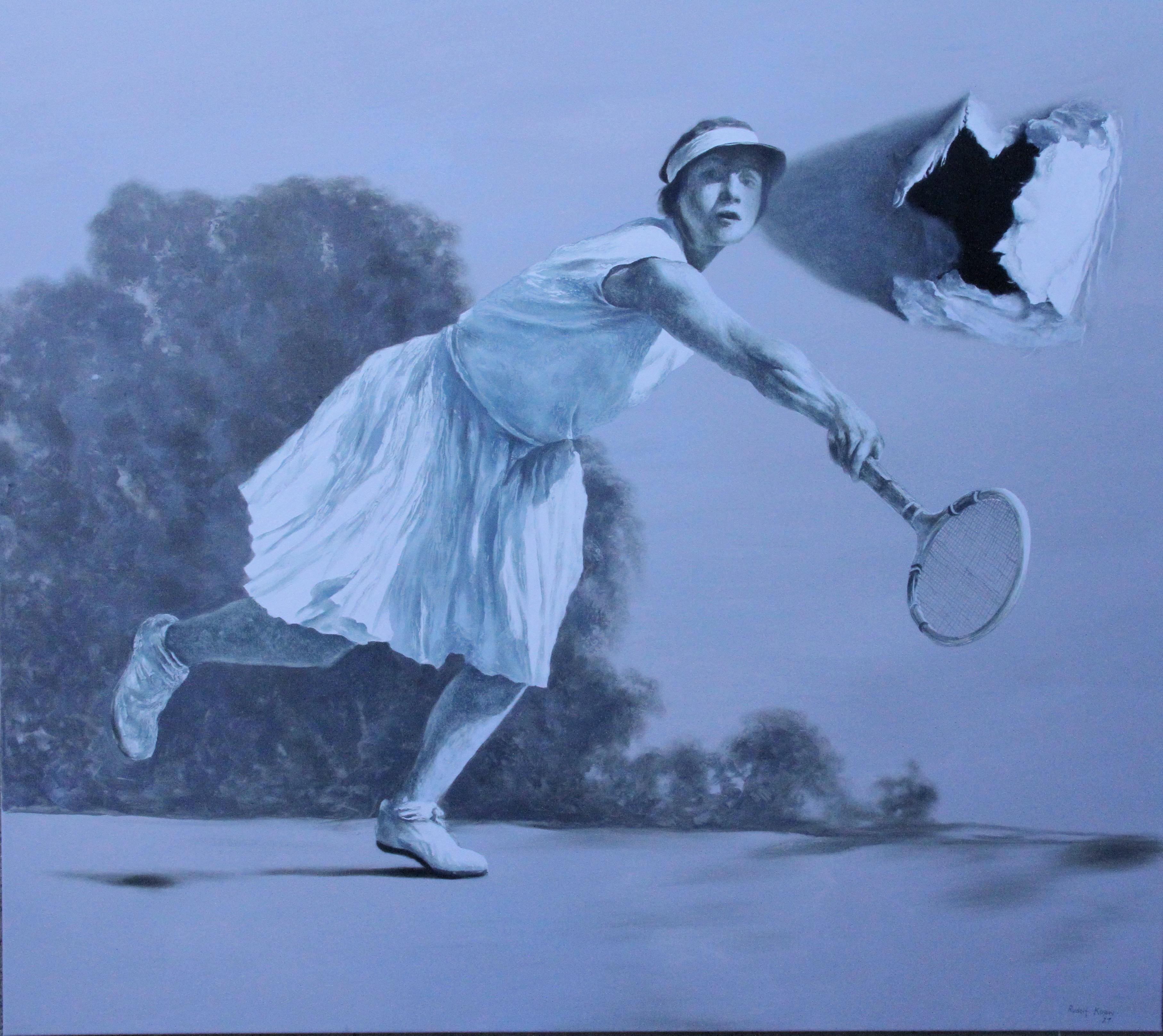 Rudolf Kosow Landscape Painting - Instantly (woman tennis player vintage surrealist oil painting monochrome grey)