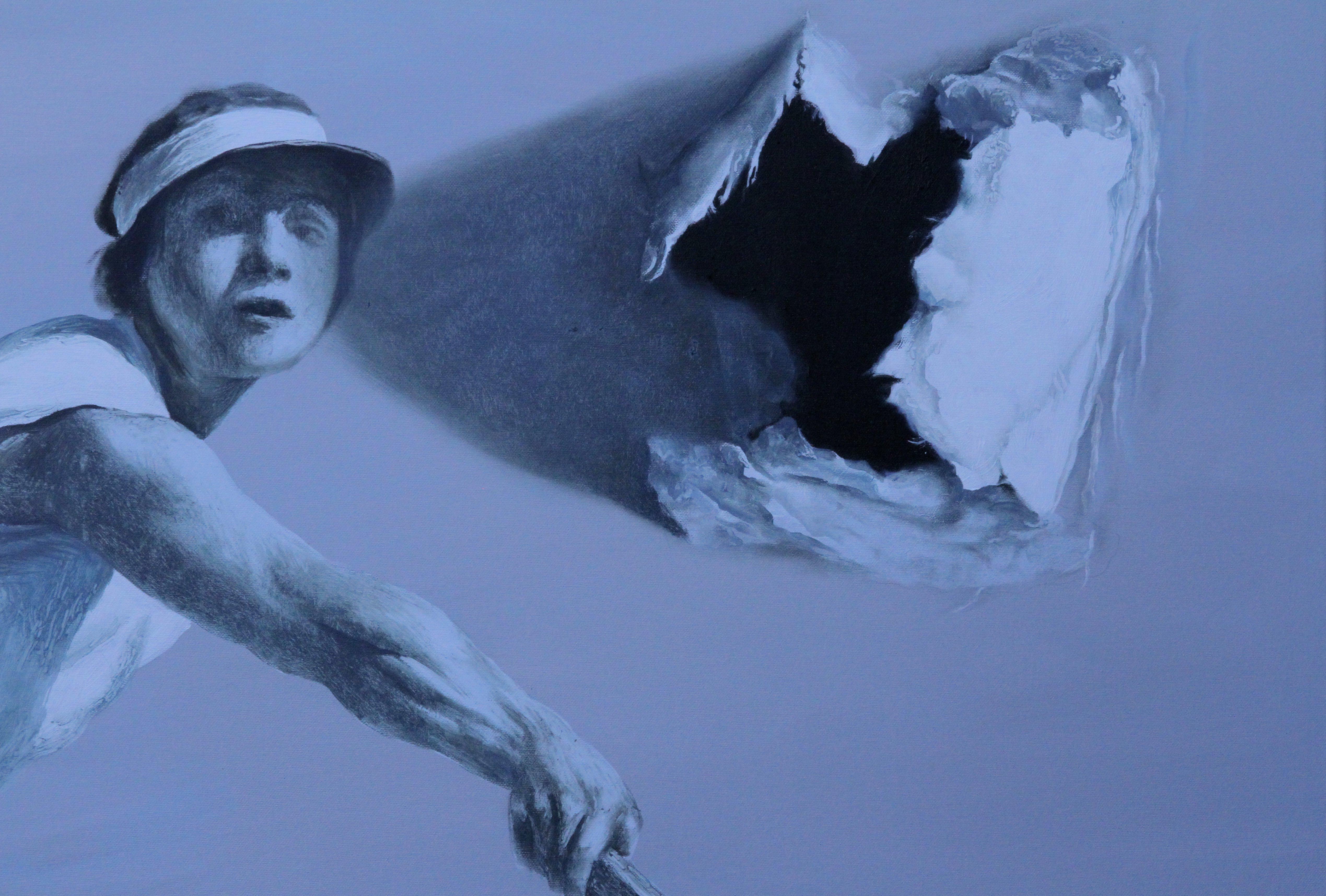 Instantanément ( Femme tenniseuse - Peinture à l'huile surréaliste vintage gris monochrome) - Surréalisme Painting par Rudolf Kosow