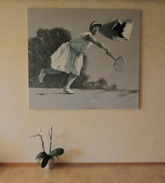 Instantly (woman tennis player vintage surrealist oil painting monochrome grey)