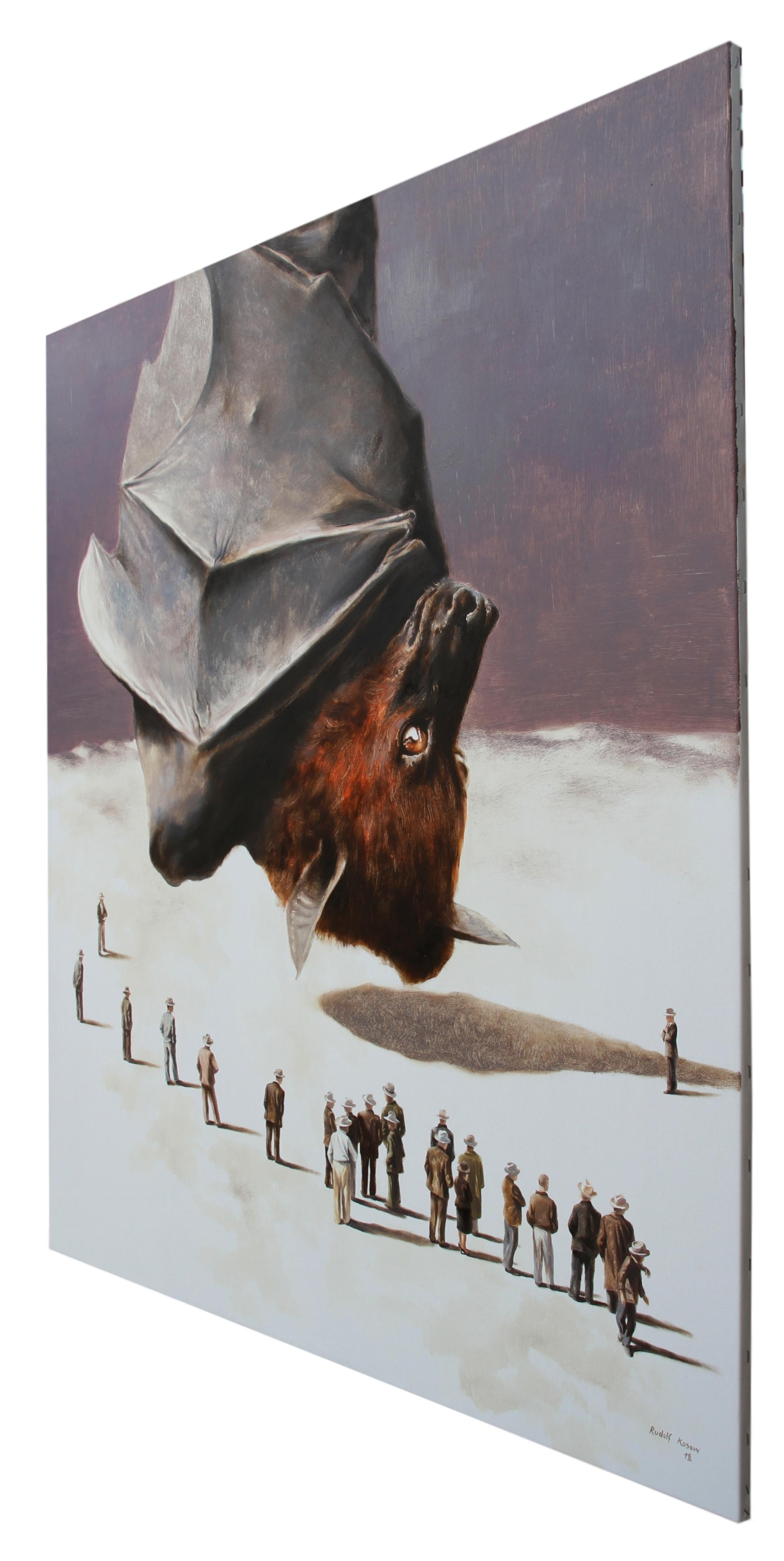 Investigation (bat fox bat oil painting surrealism figurative animal vintage) - Surrealist Painting by Rudolf Kosow