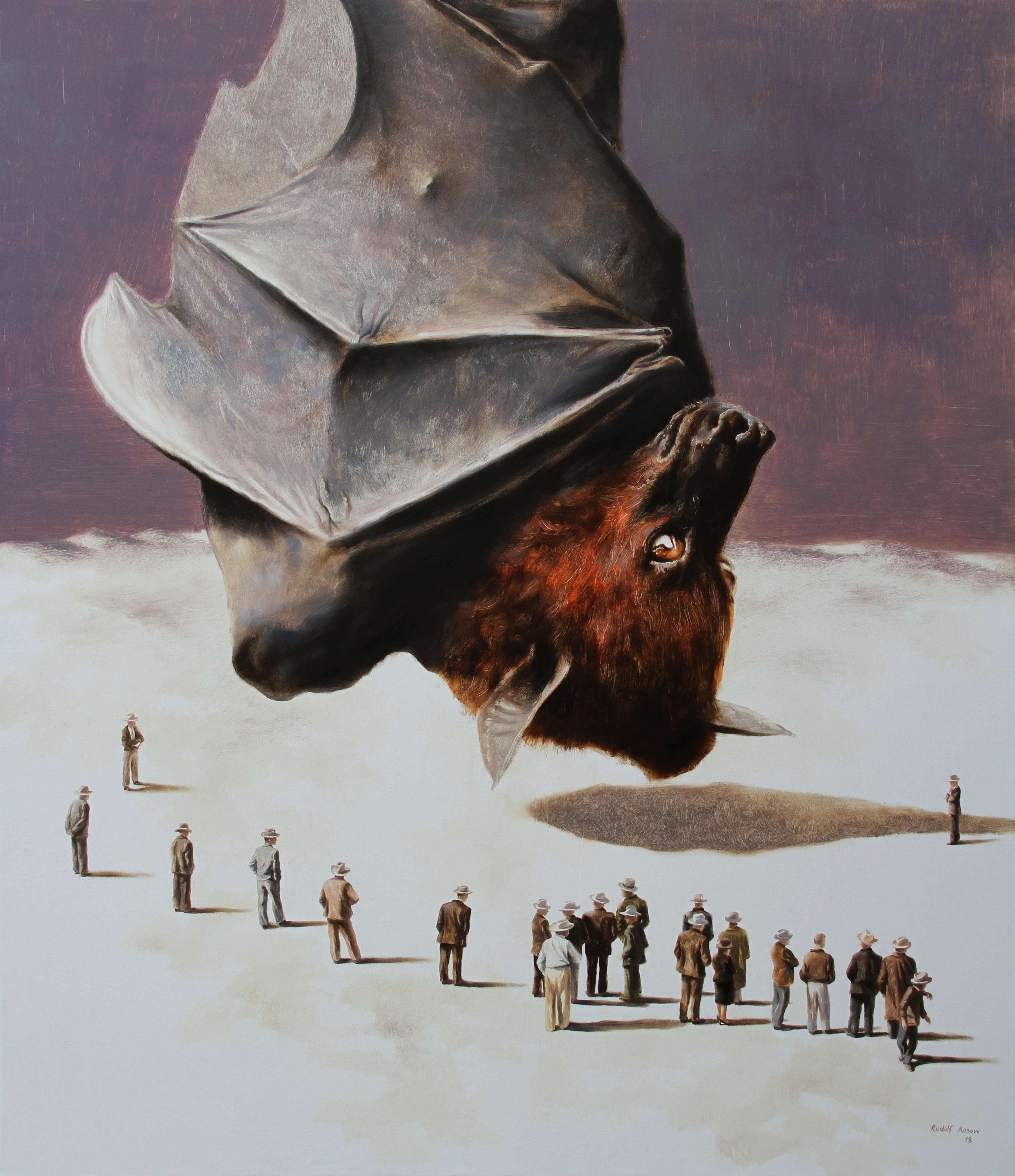 Rudolf Kosow Figurative Painting - Investigation (bat fox bat oil painting surrealism figurative animal vintage)