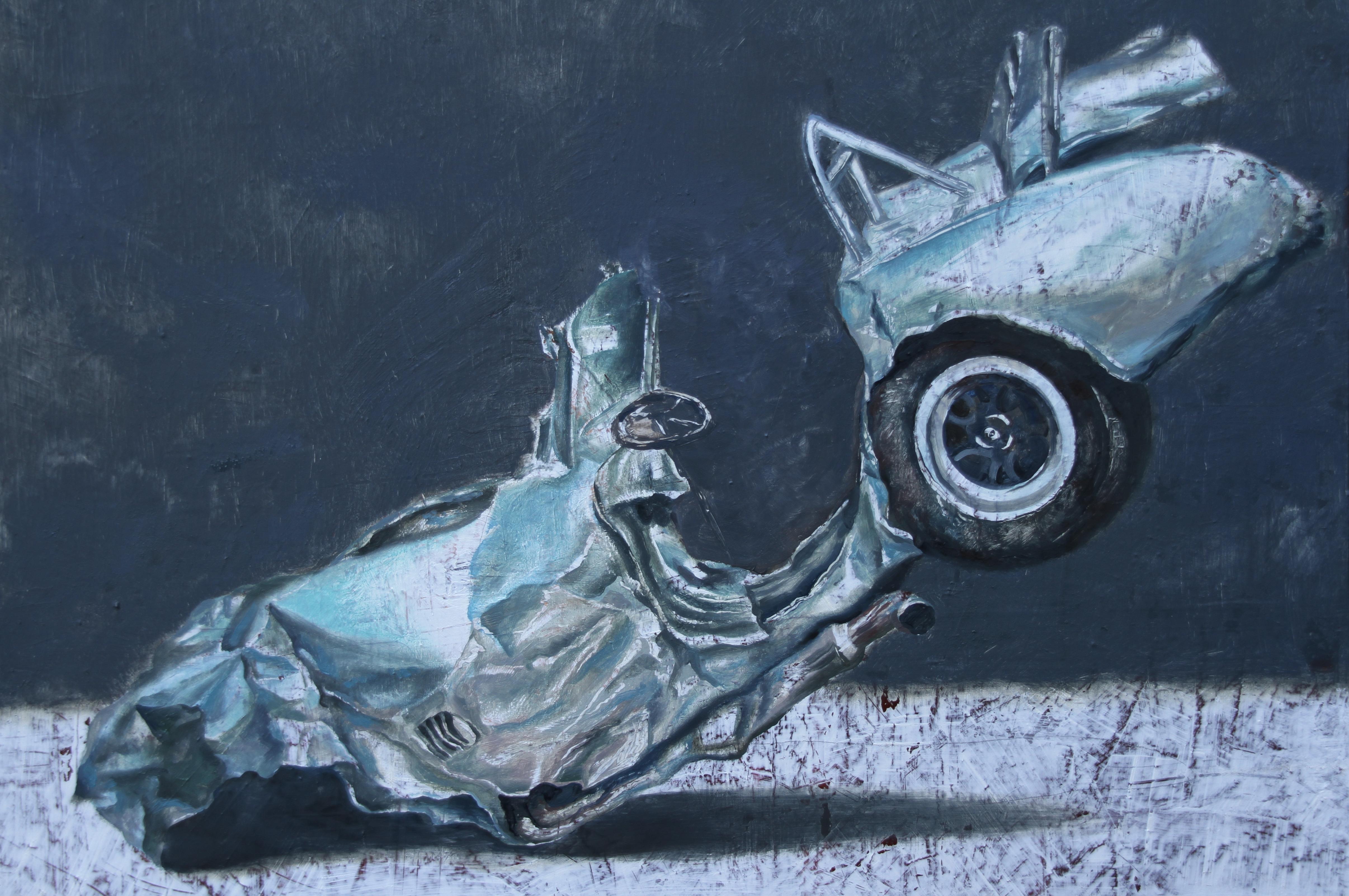  Irreversibility (vintage old car wreck nostalgia light blue auto oil painting) - Painting by Rudolf Kosow