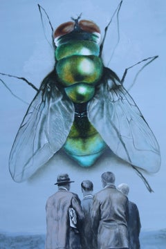 It's just like that (fly blue sky vintage men americana surrealist oil painting)