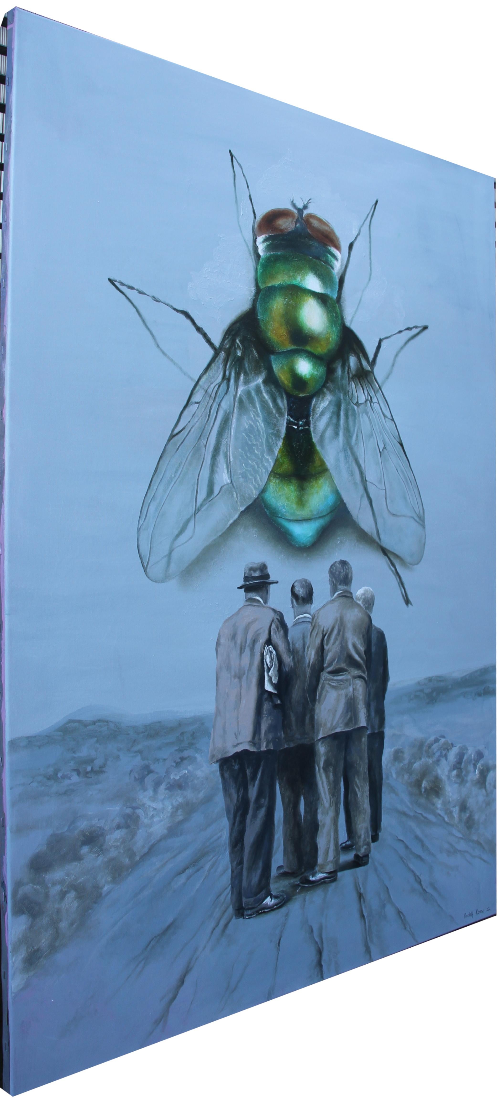 Superbe Originalmalerei auf Leinwand, die eine überdimensionale Fliege als Rätsel in einem klaren blauen Himmel über einer ratlosen Gruppe von Männern darstellt.

Stichworte; Amerikana, Surrealismus, Fliege, Vintage, Ölgemälde, Männer figurative