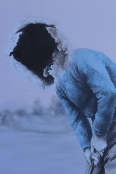 Last Hit  (surreal painting golf player vintage blue Grey golf course)