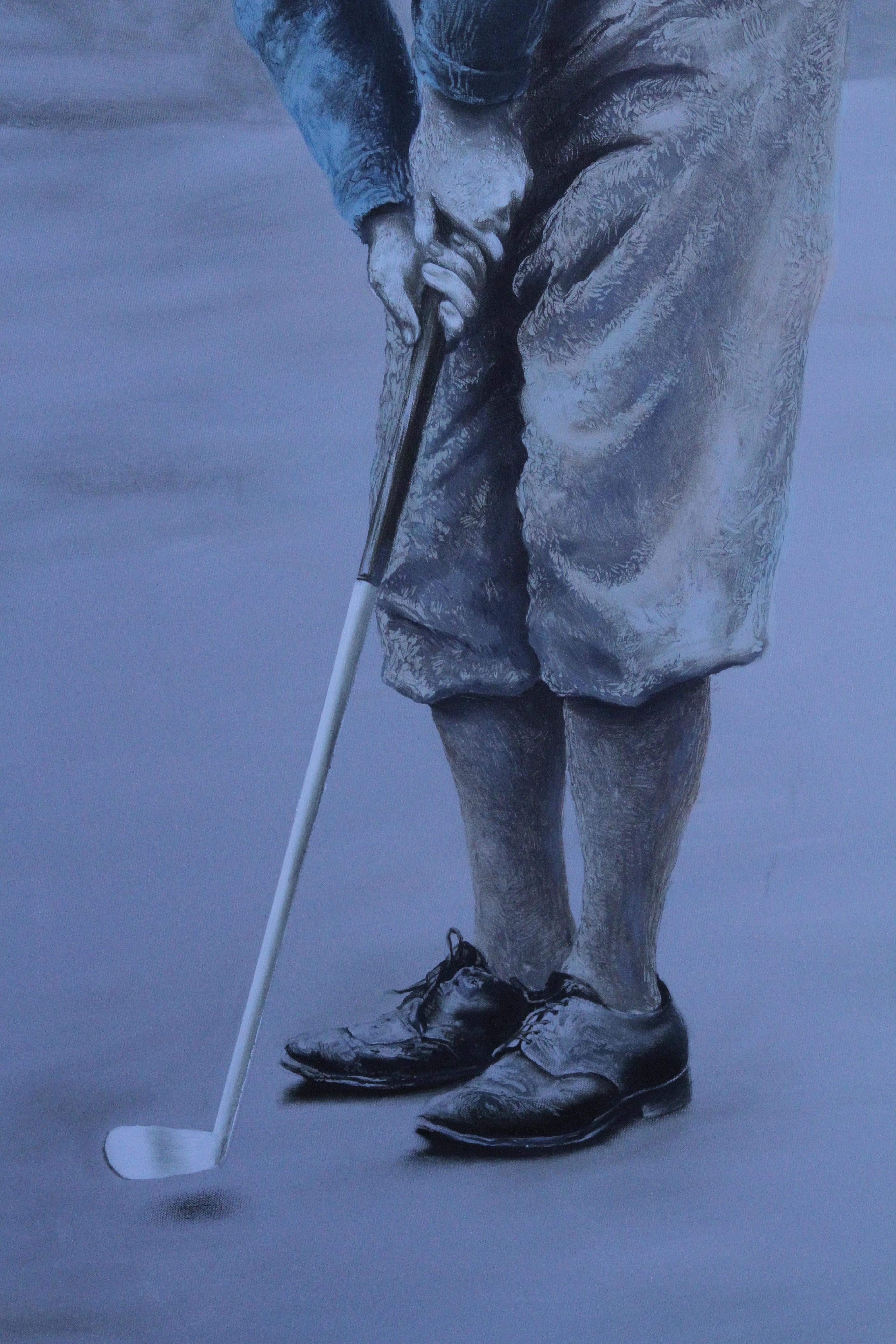 Ultimo colpo  (quadro surreale giocatore di golf vintage blu Grigio campo da golf) - Painting Surrealismo di Rudolf Kosow
