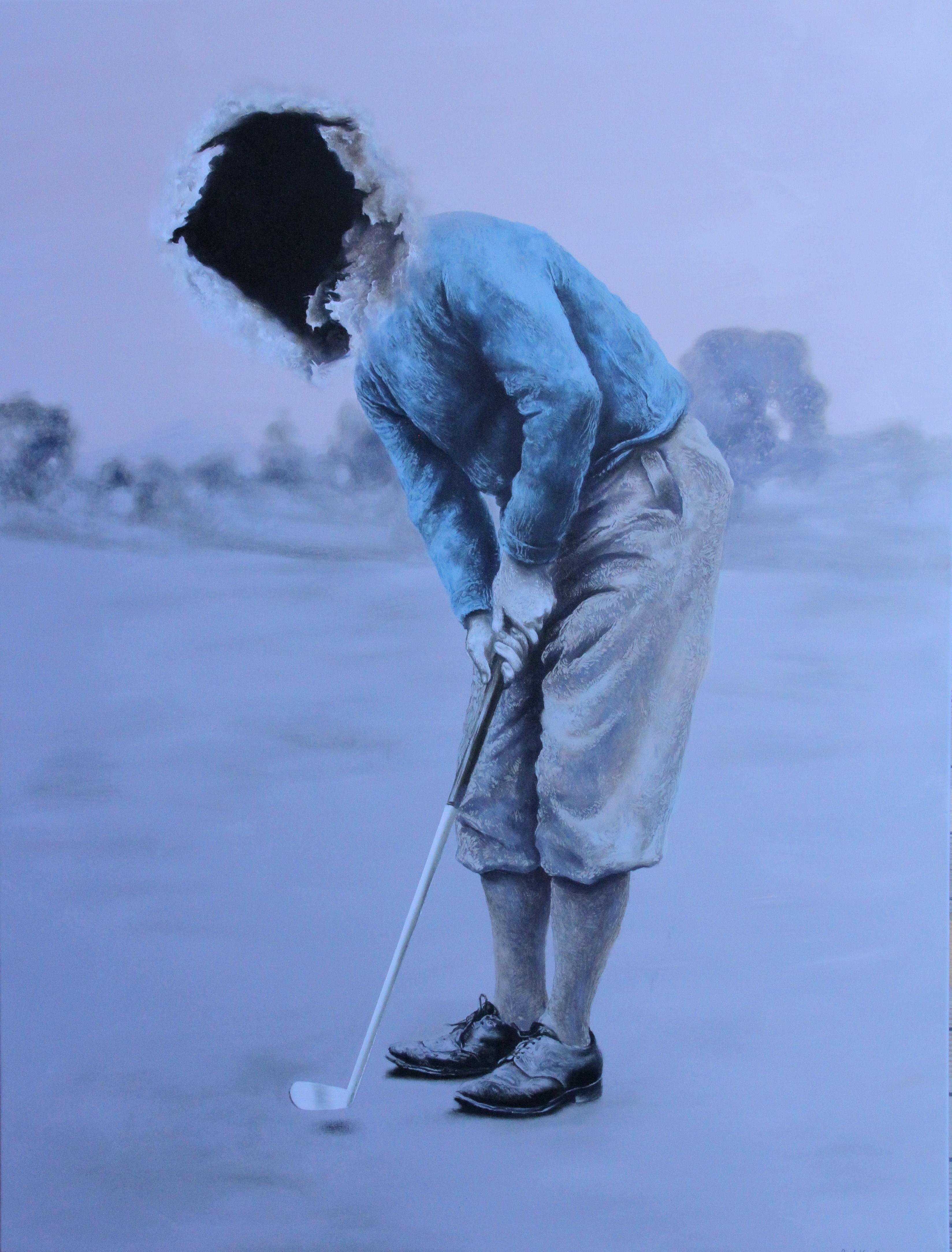 Figurative Painting di Rudolf Kosow - Ultimo colpo  (quadro surreale giocatore di golf vintage blu Grigio campo da golf)