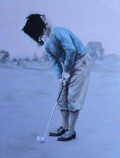 Letzter Treffer  (surreales Gemälde, Golfspieler, Vintage, blau-grau, Golfplatz)