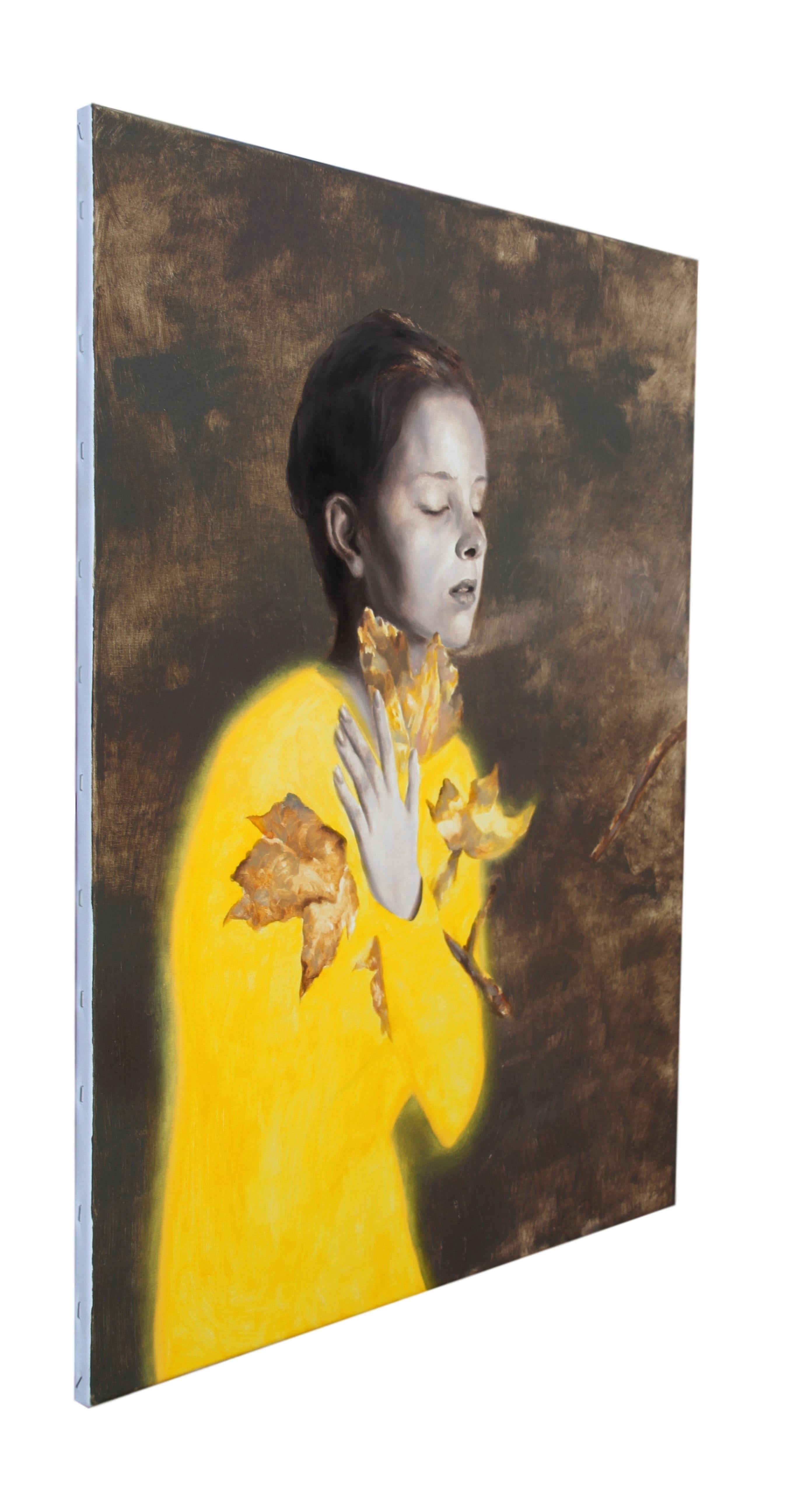 Last Leaves (young girl yellow shirt fall leave portrait figurative oil painting - Painting by Rudolf Kosow