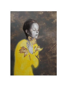 Last Leaves (young girl yellow shirt fall leave portrait figurative oil painting
