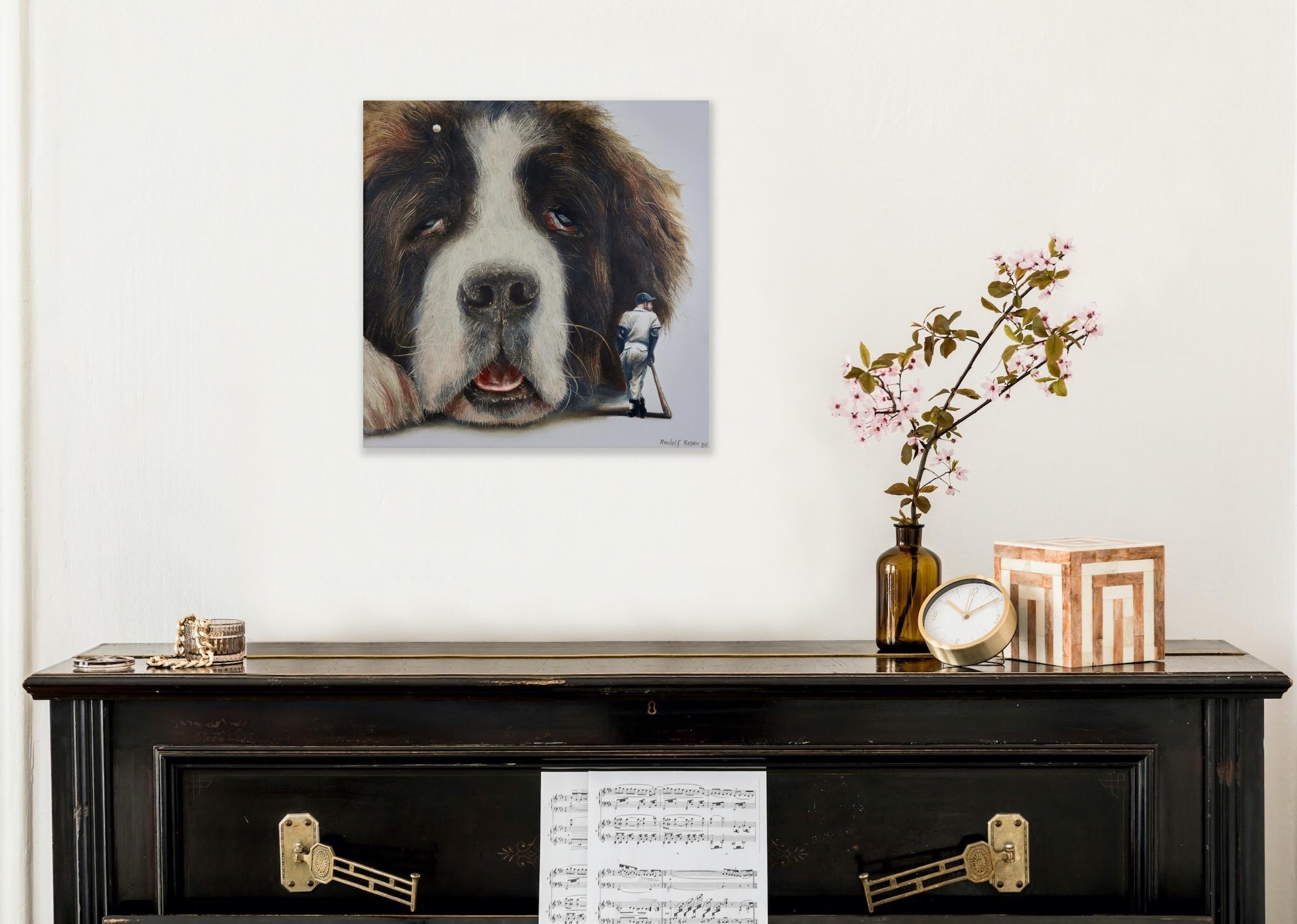Lazybone (st-bernard, dog pet, baseball, vintage, animal, surrealist painting) For Sale 6