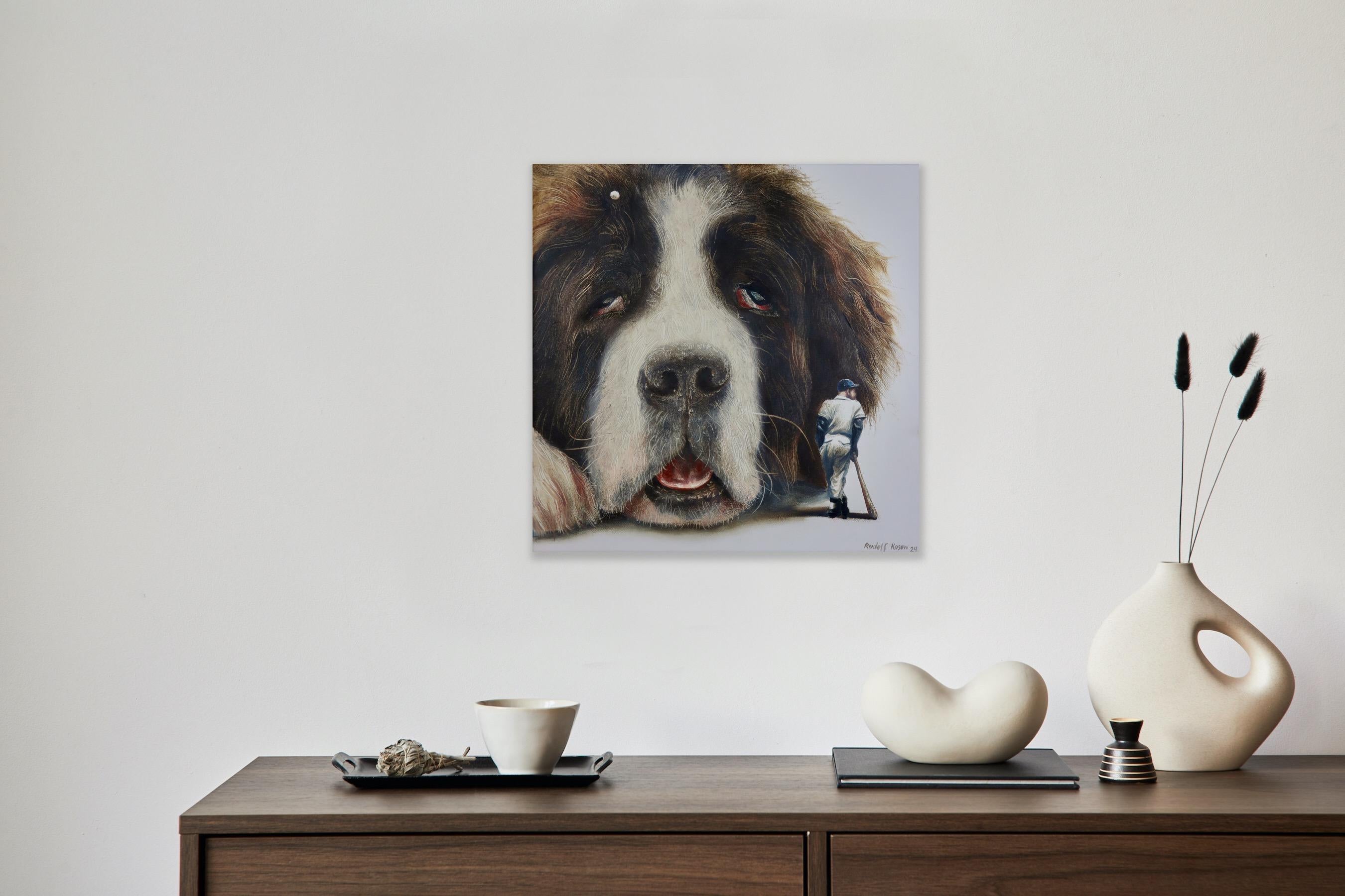 Lazybone (st-bernard, dog pet, baseball, vintage, animal, surrealist painting) For Sale 8