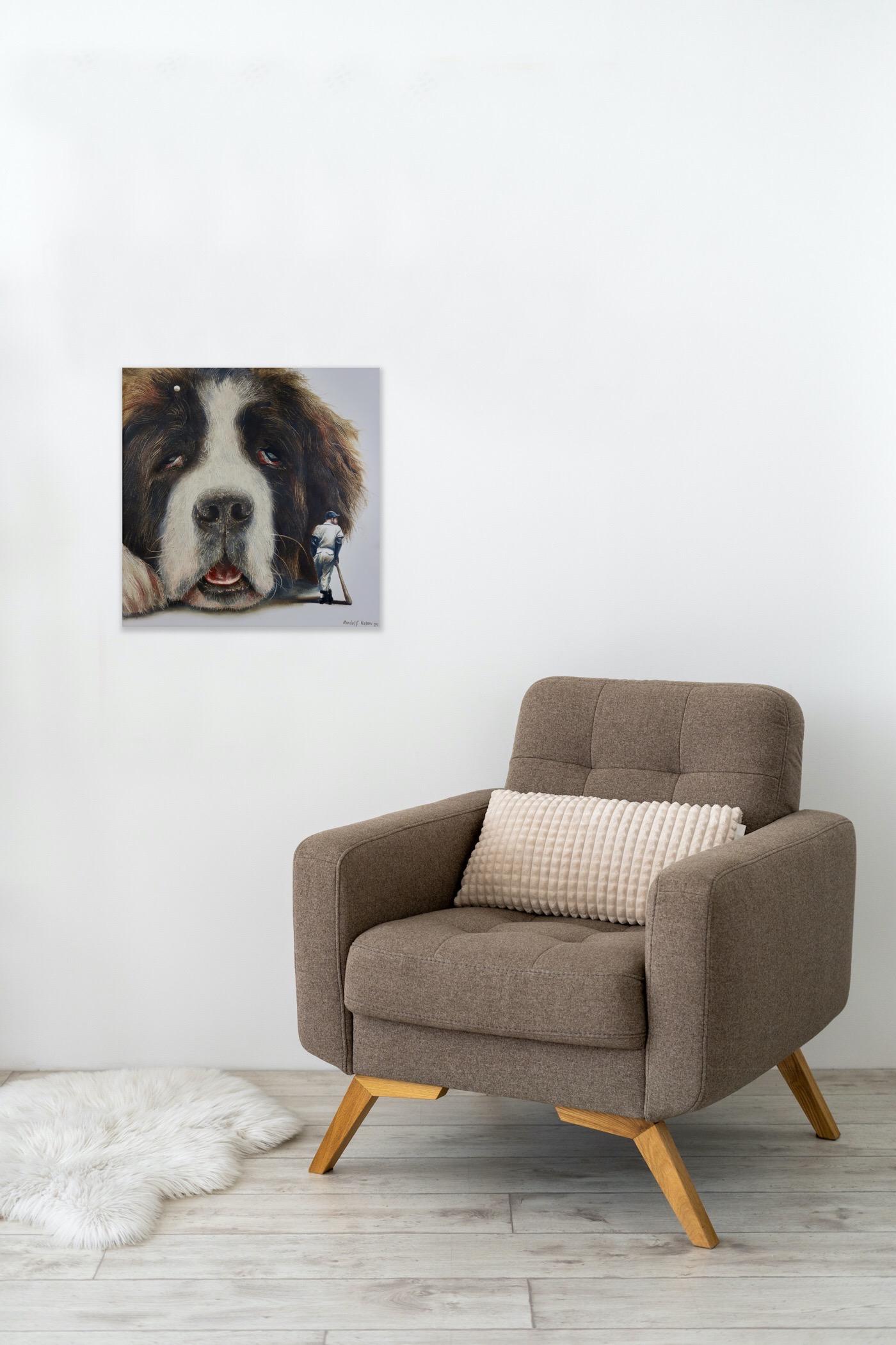 Lazybone (st-bernard, dog pet, baseball, vintage, animal, surrealist painting) For Sale 10