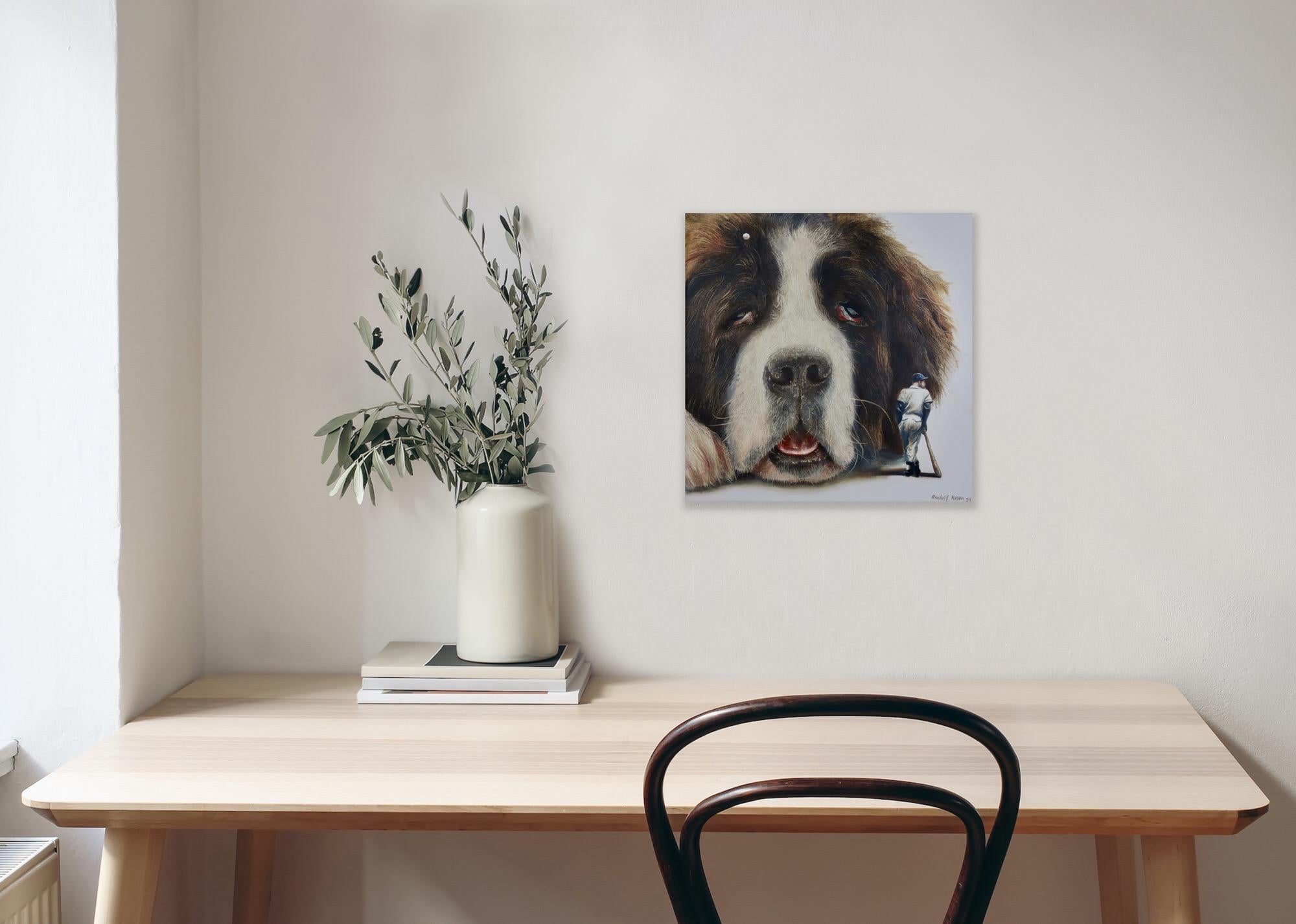 Lazybone (st-bernard, dog pet, baseball, vintage, animal, surrealist painting) For Sale 13