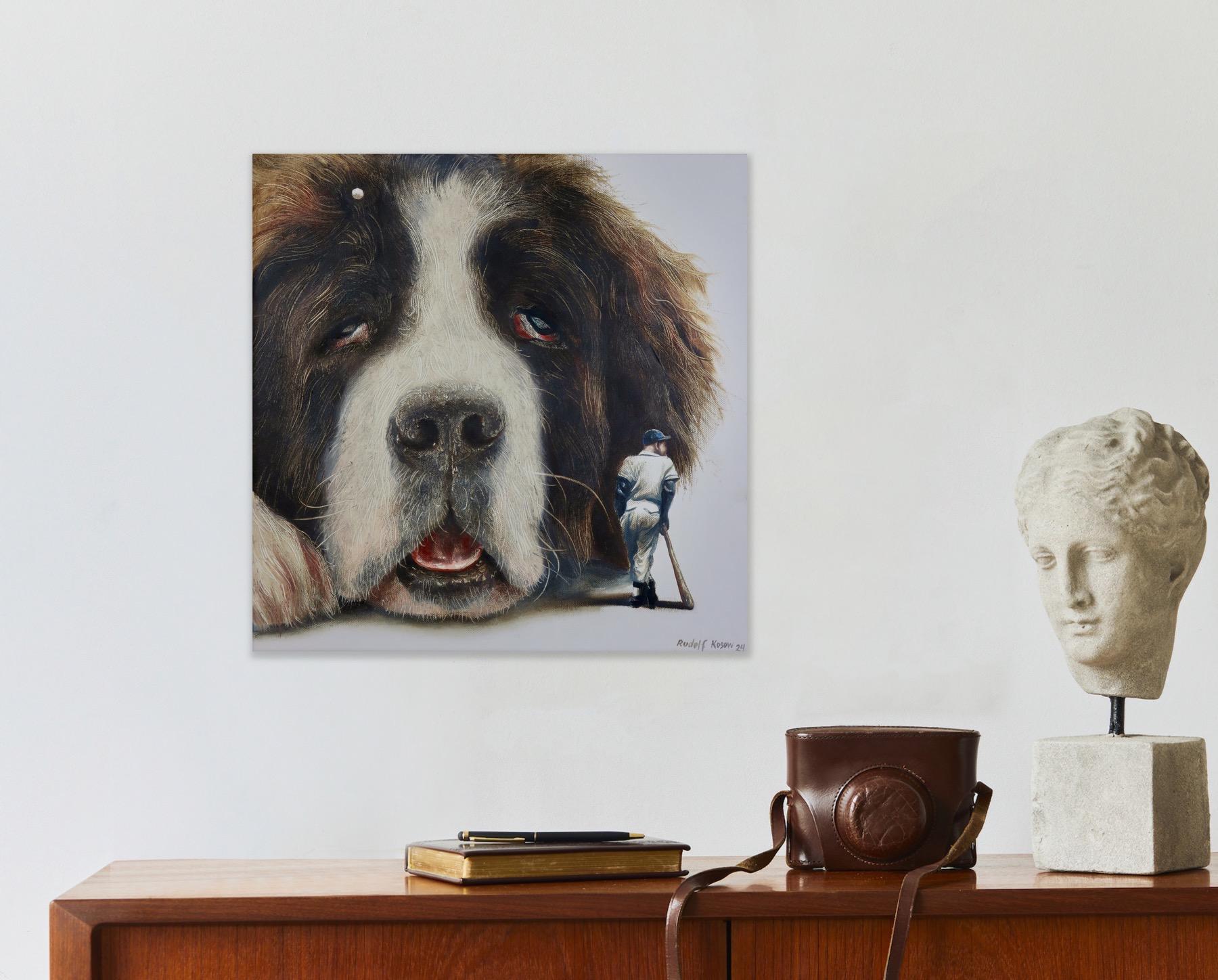 Lazybone (st-bernard, dog pet, baseball, vintage, animal, surrealist painting) For Sale 15