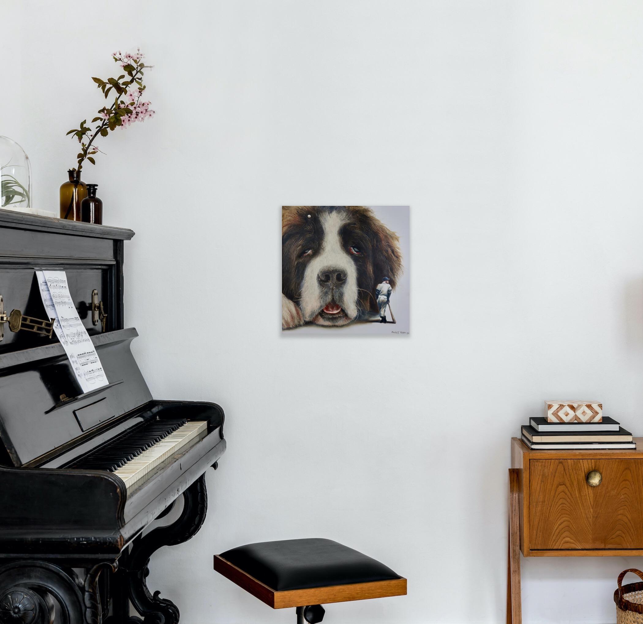 Lazybone (st-bernard, dog pet, baseball, vintage, animal, surrealist painting) For Sale 16