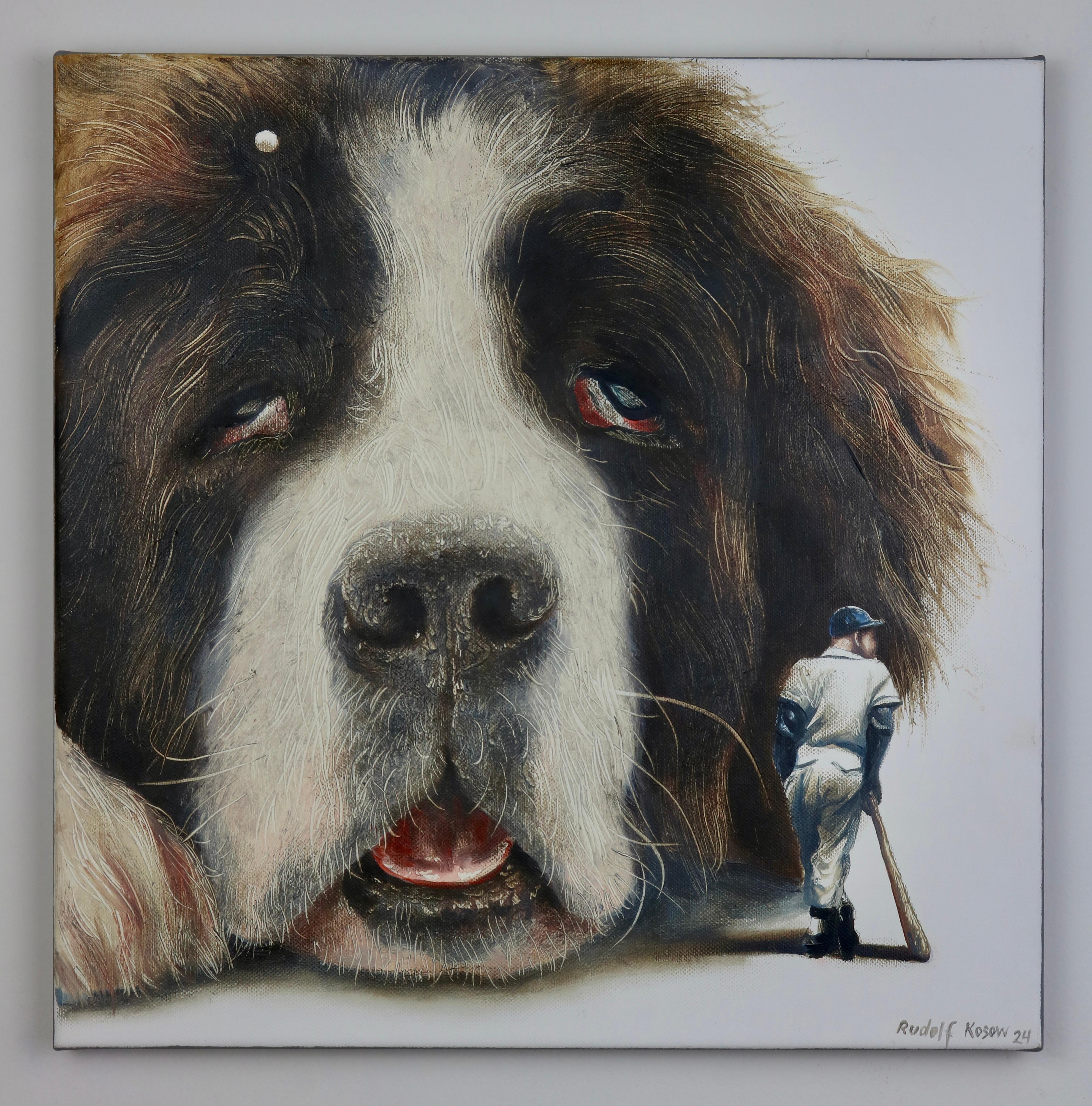 Lazybone (st-bernard, dog pet, baseball, vintage, animal, surrealist painting) For Sale 2