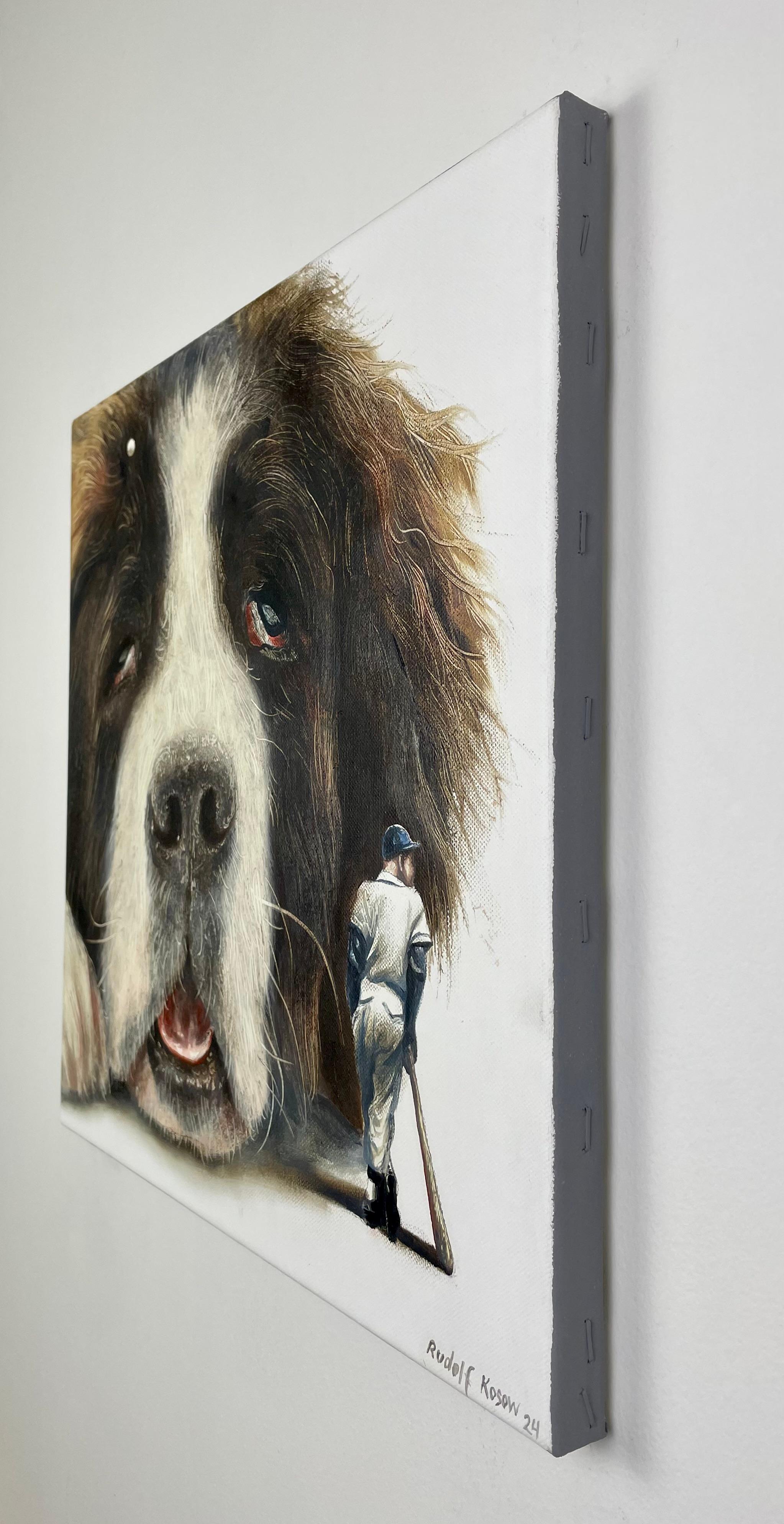 Lazybone (st-bernard, dog pet, baseball, vintage, animal, surrealist painting) For Sale 3