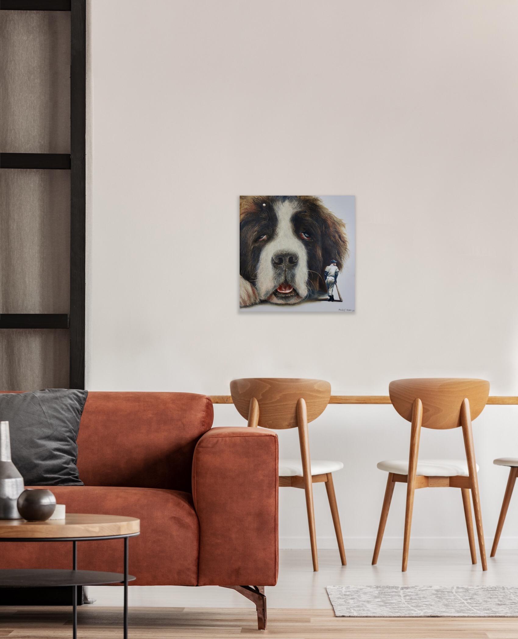 Lazybone (st-bernard, dog pet, baseball, vintage, animal, surrealist painting) For Sale 4