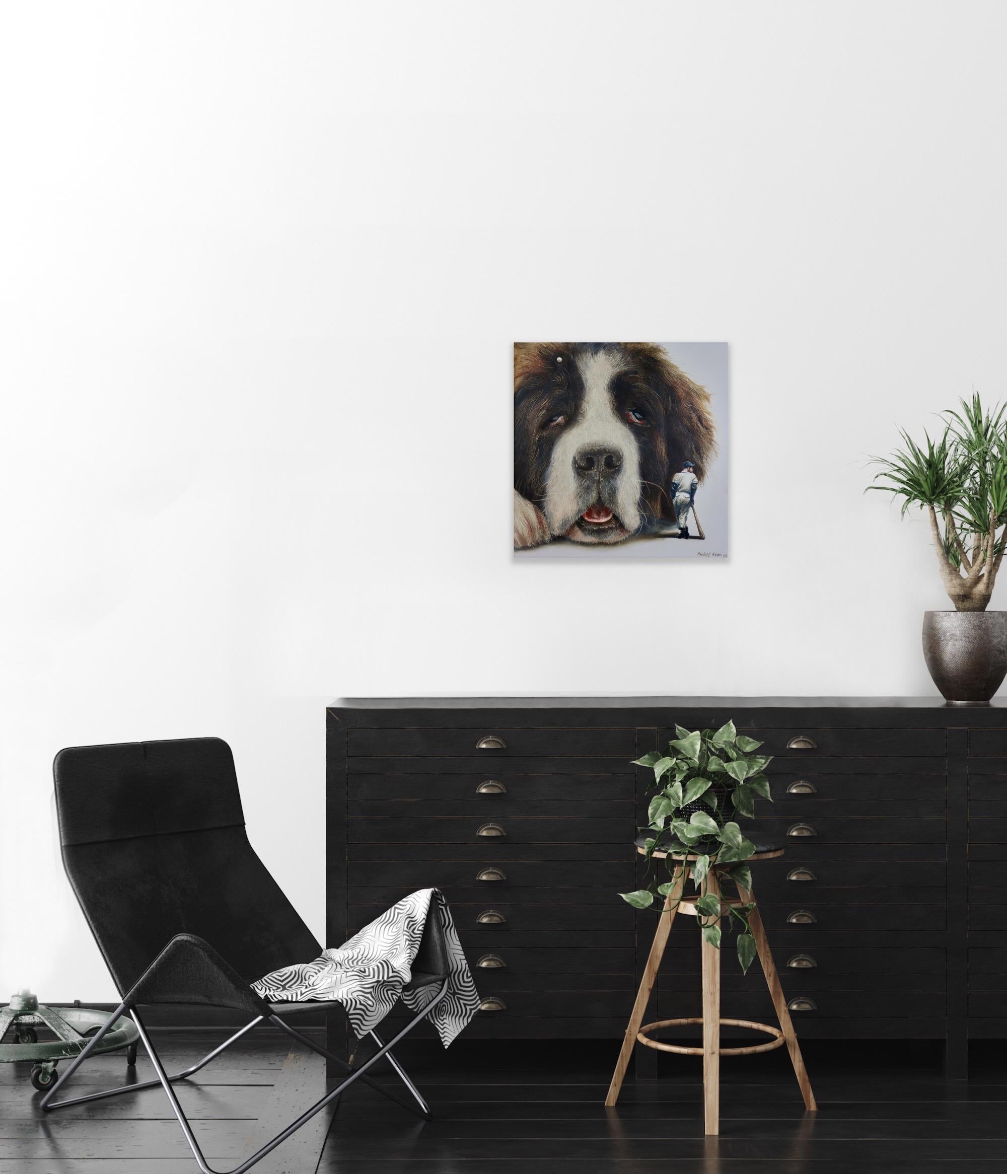 Lazybone (st-bernard, dog pet, baseball, vintage, animal, surrealist painting) For Sale 5