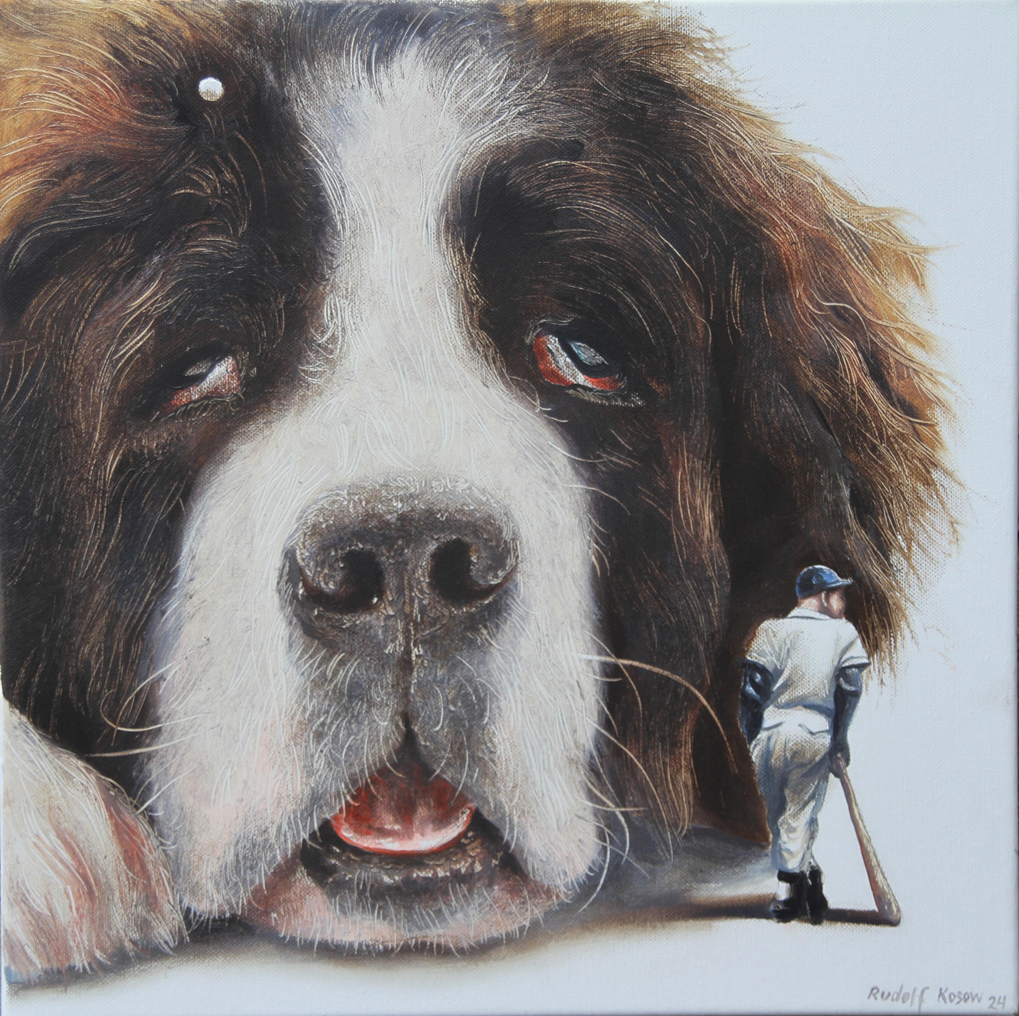 Lazybone (st-bernard, Haustier, Baseball, Vintage, Tier, surrealistisches Gemälde) – Painting von Rudolf Kosow