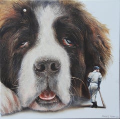 Lazybone (st-bernard, dog pet, baseball, vintage, animal, surrealist painting)