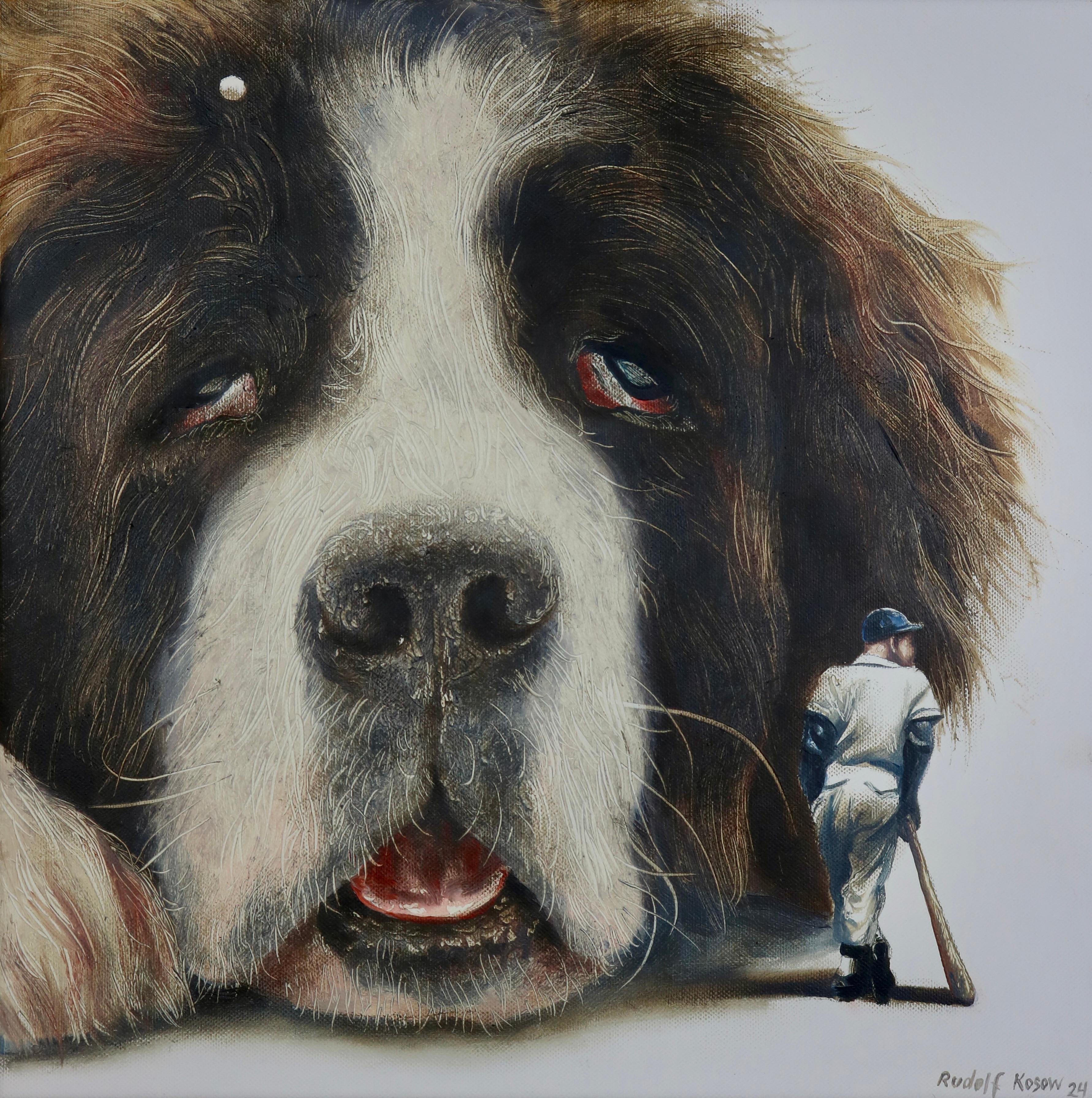 Rudolf Kosow Animal Painting - Lazybone (st-bernard, dog pet, baseball, vintage, animal, surrealist painting)