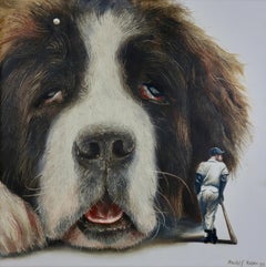 Lazybone (st-bernard, chien de compagnie, baseball, vintage, animal, peinture surréaliste)