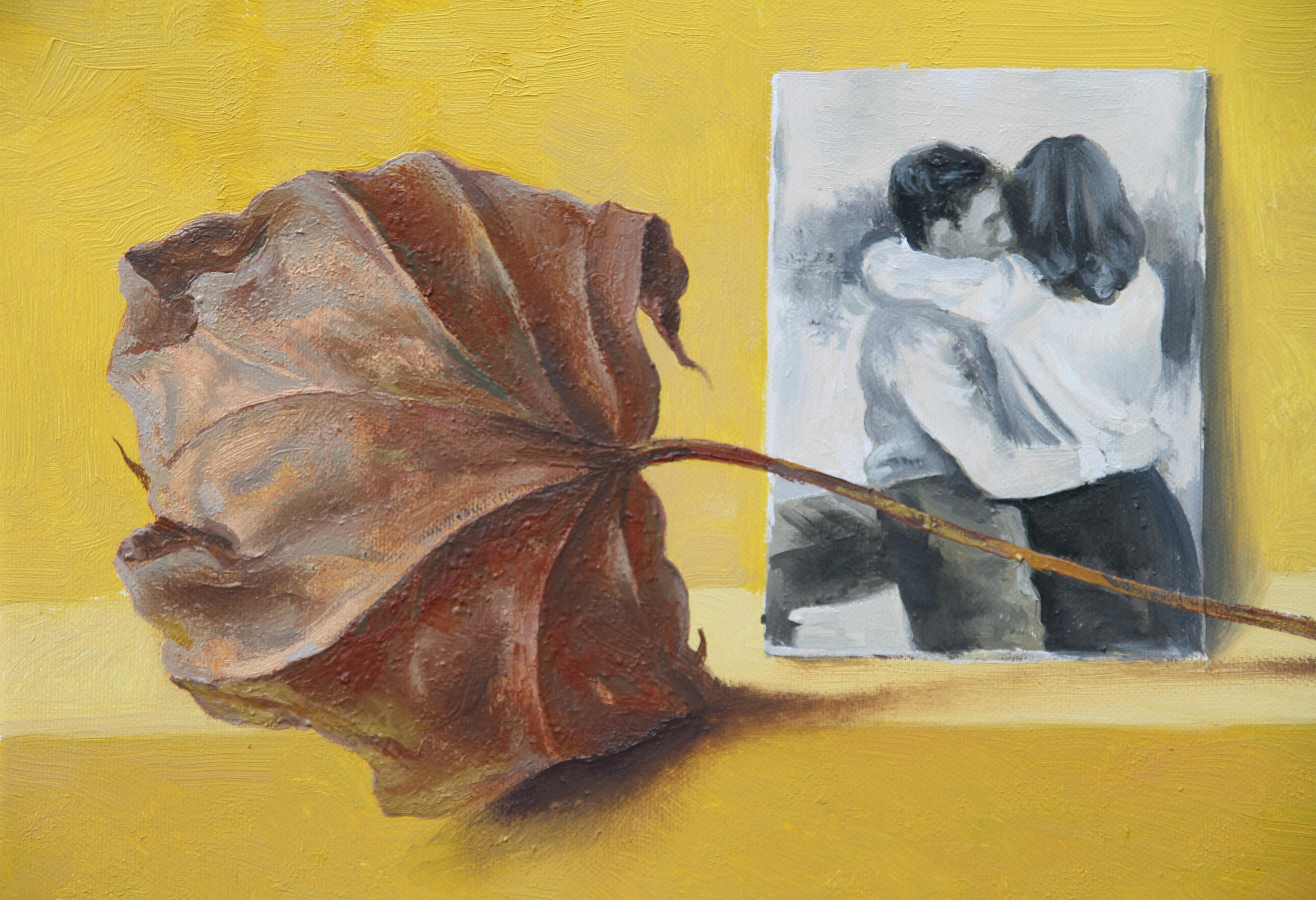  Leaf and couple (yellow oil painting vintage black and white Picture couple) - Painting by Rudolf Kosow