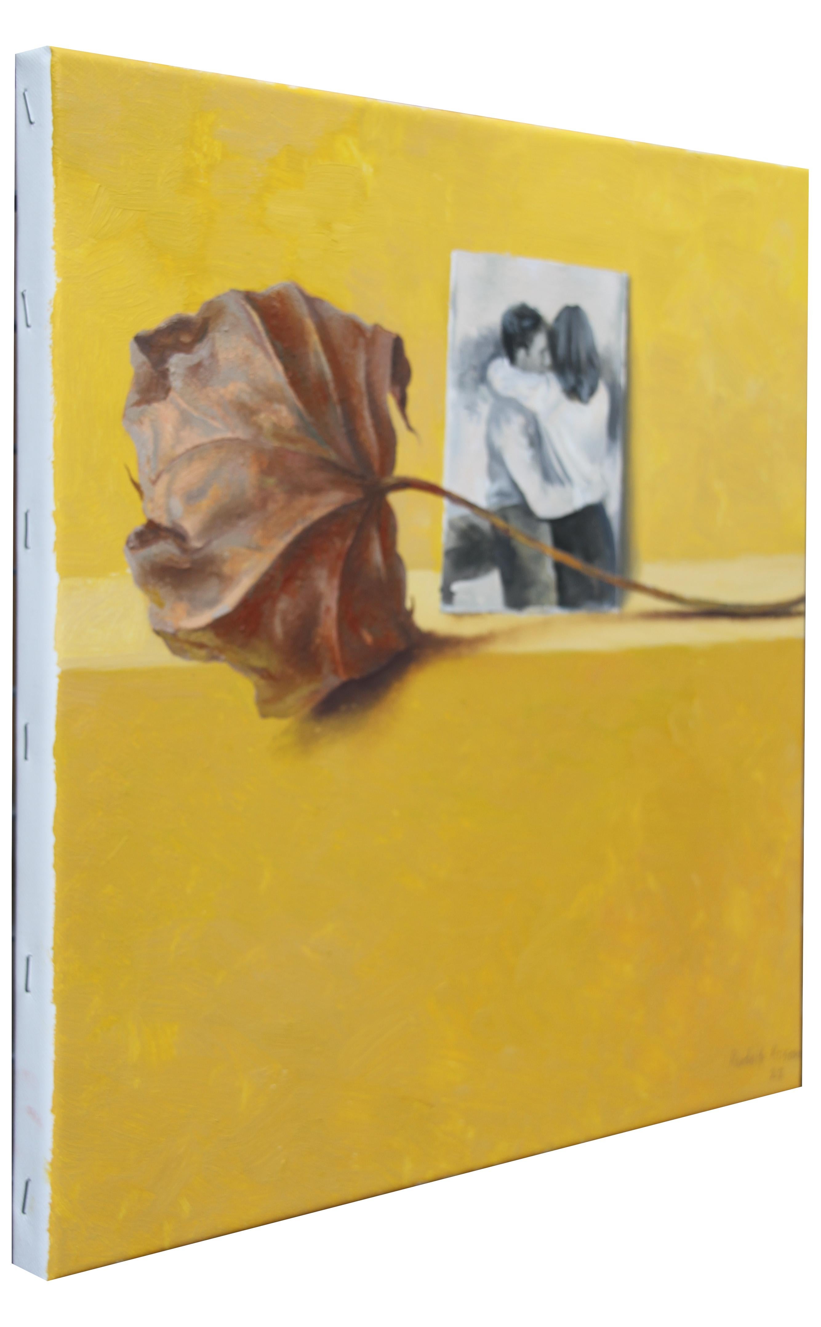 Leaf and couple (yellow oil painting vintage black and white Picture couple) - Surrealist Painting by Rudolf Kosow