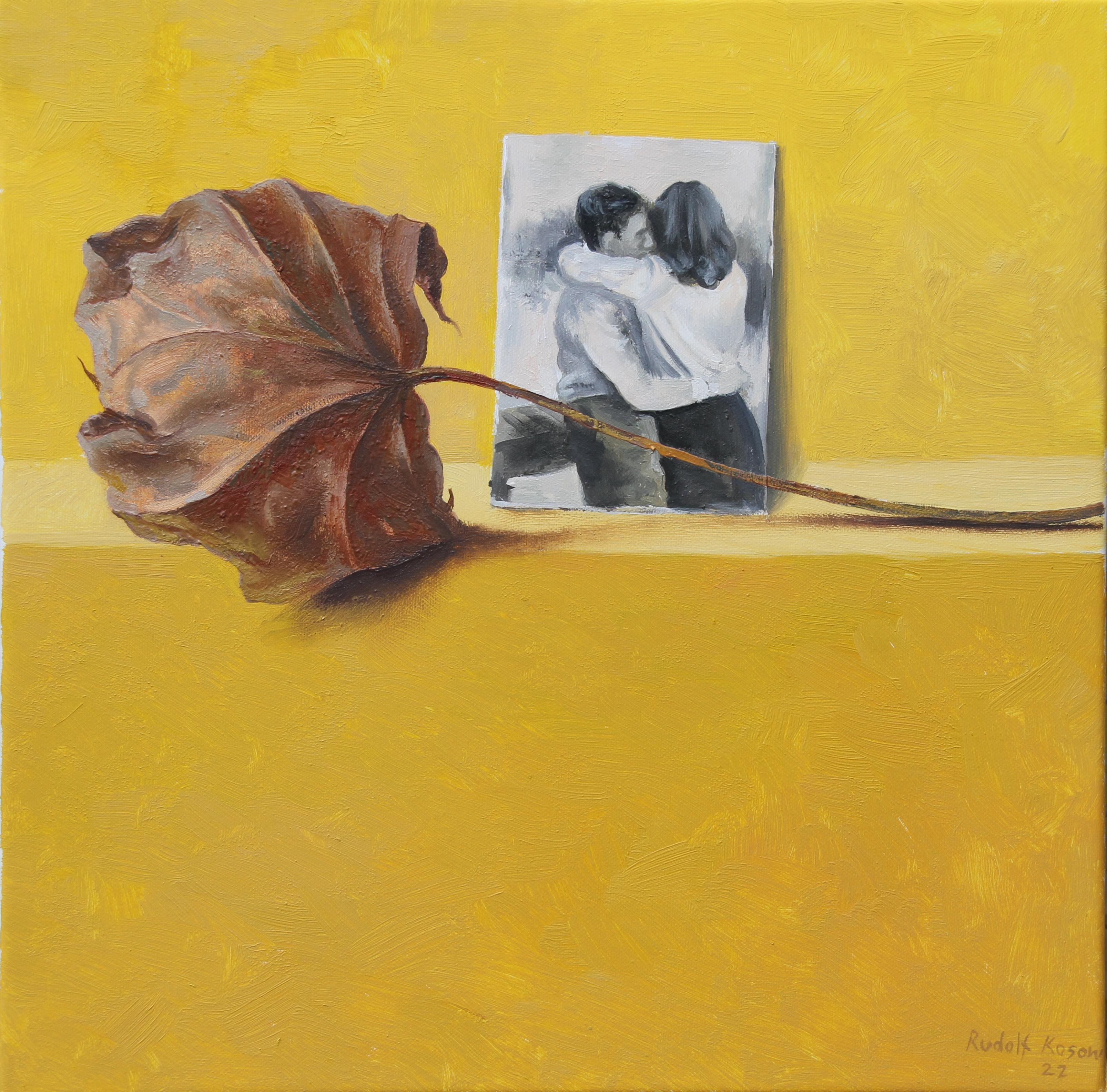 Rudolf Kosow Figurative Painting -  Leaf and couple (yellow oil painting vintage black and white Picture couple)
