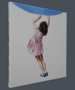 Looking for blue (Young girl pink dress reaching for sky figurative oil painting