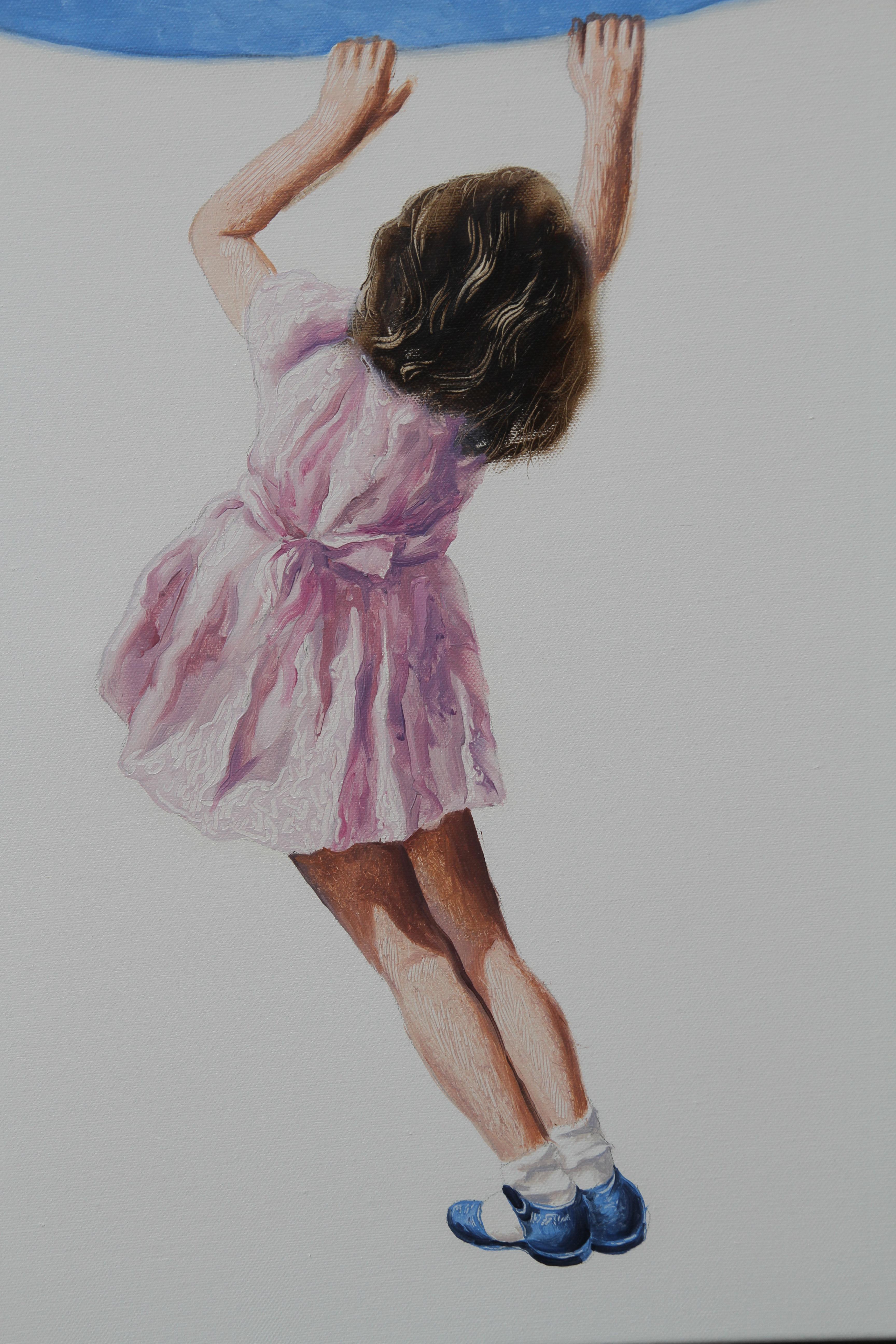 Buscando azul (Chica joven vestido rosa alcanzando el cielo pintura al óleo figurativa en venta 1