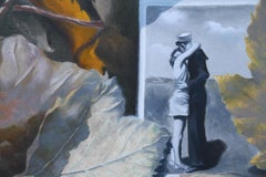 Amanti e foglie d'autunno (pittura ad olio vintage in bianco e nero)