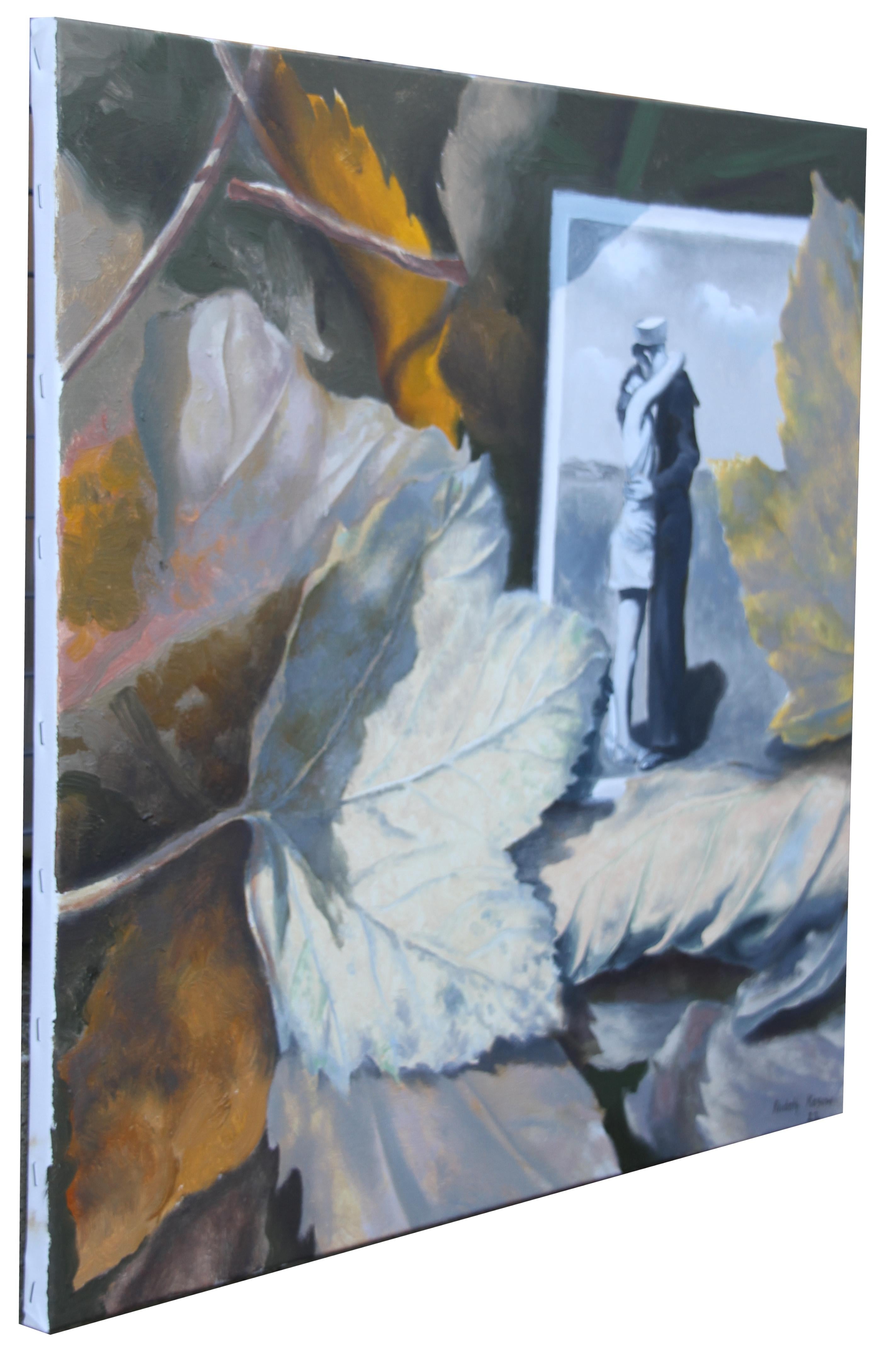 LOVERS AND AUTUMN LEAVES ist ein wunderschönes Originalgemälde auf Leinwand, das ein Stillleben mit Herbstblättern neben einem Vintage-Schwarz-Weiß-Foto eines Paares in liebevoller Umarmung zeigt.

Stichworte; Erdtöne, Herbstblatt,