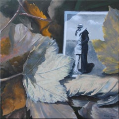 Les amoureux et la feuille d'automne (peinture à l'huile - couple de photos vintage en noir et blanc)