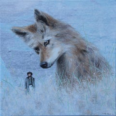 Baddie (Kojote, Mensch, wildes Tier, americana, surrealistische Malerei, Natur, Feld)