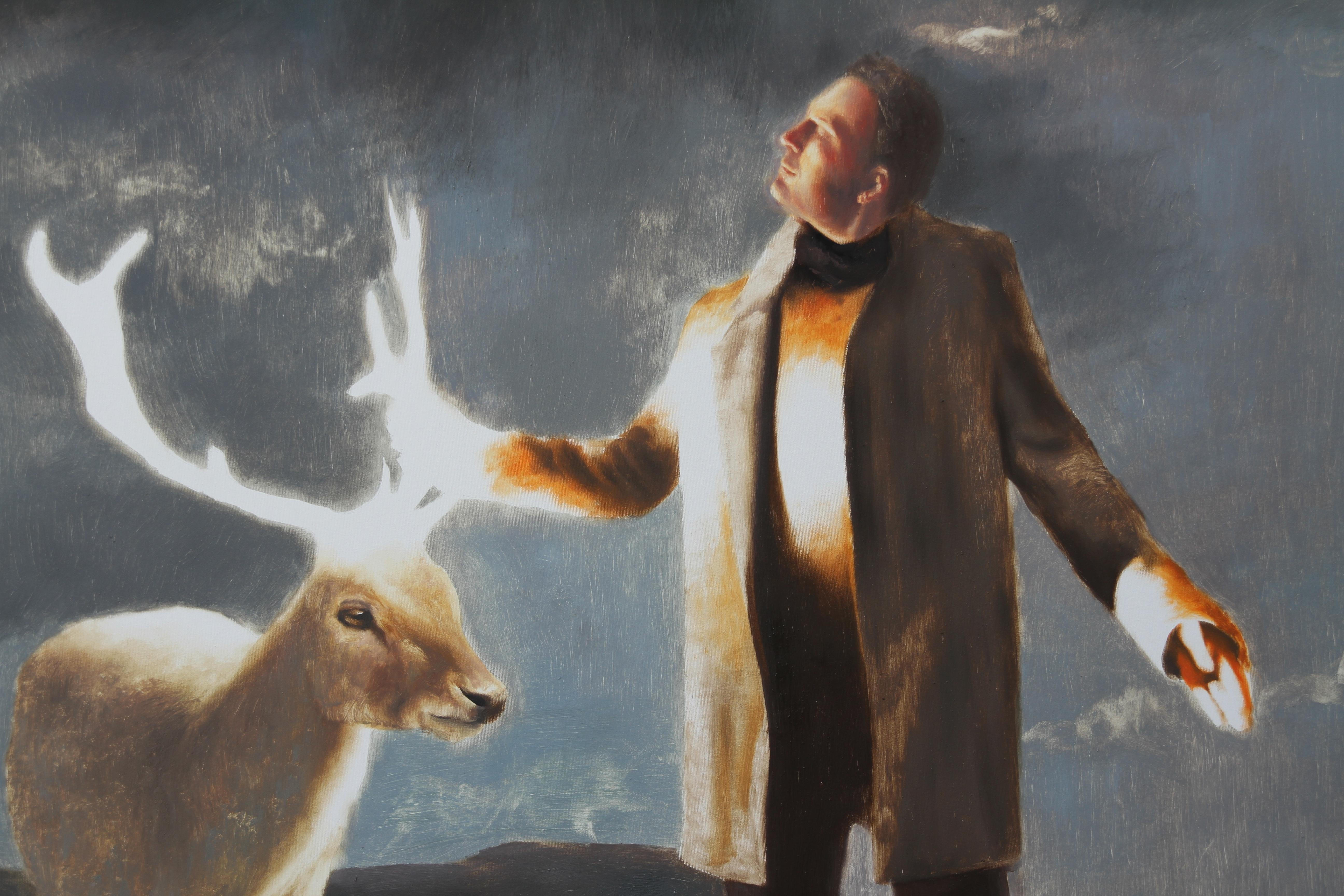 Magic (animal figurative oil painting surrealist deer man reindeer scenery) - Painting by Rudolf Kosow