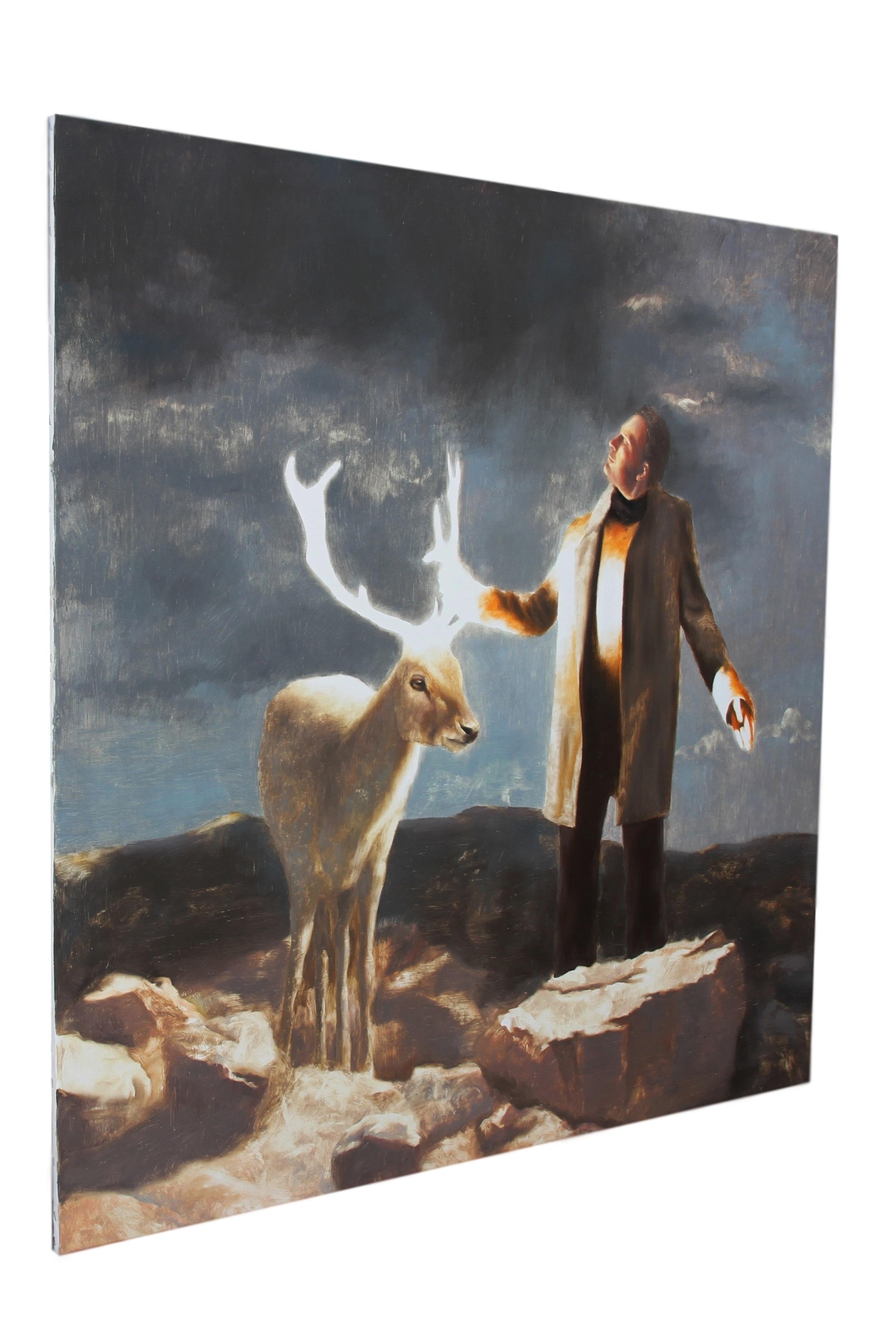 Magia (pintura al óleo figurativa animal surrealista ciervo hombre reno paisaje) - Painting Surrealista de Rudolf Kosow