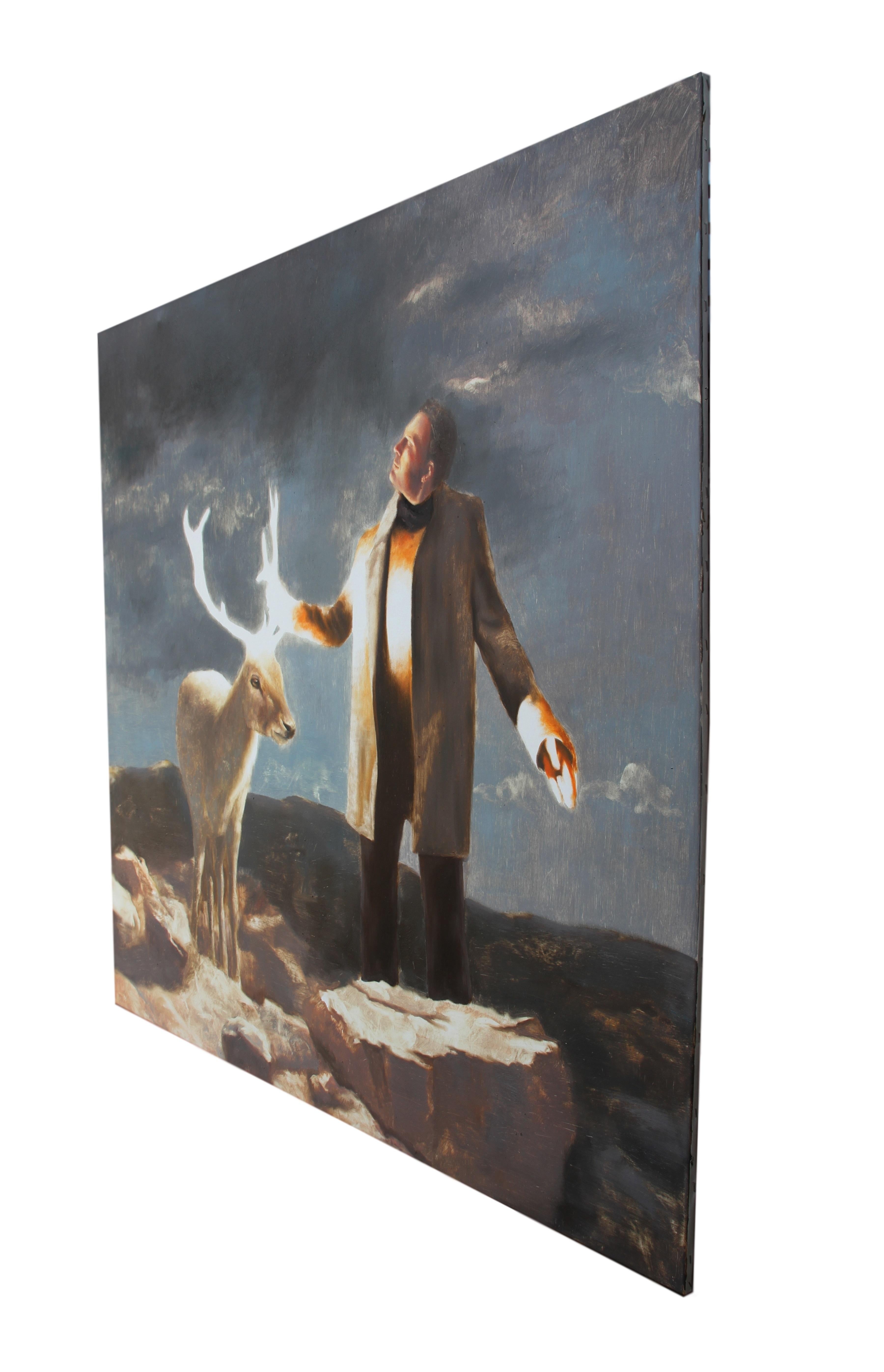 Magia (pintura al óleo figurativa animal surrealista ciervo hombre reno paisaje) en venta 1