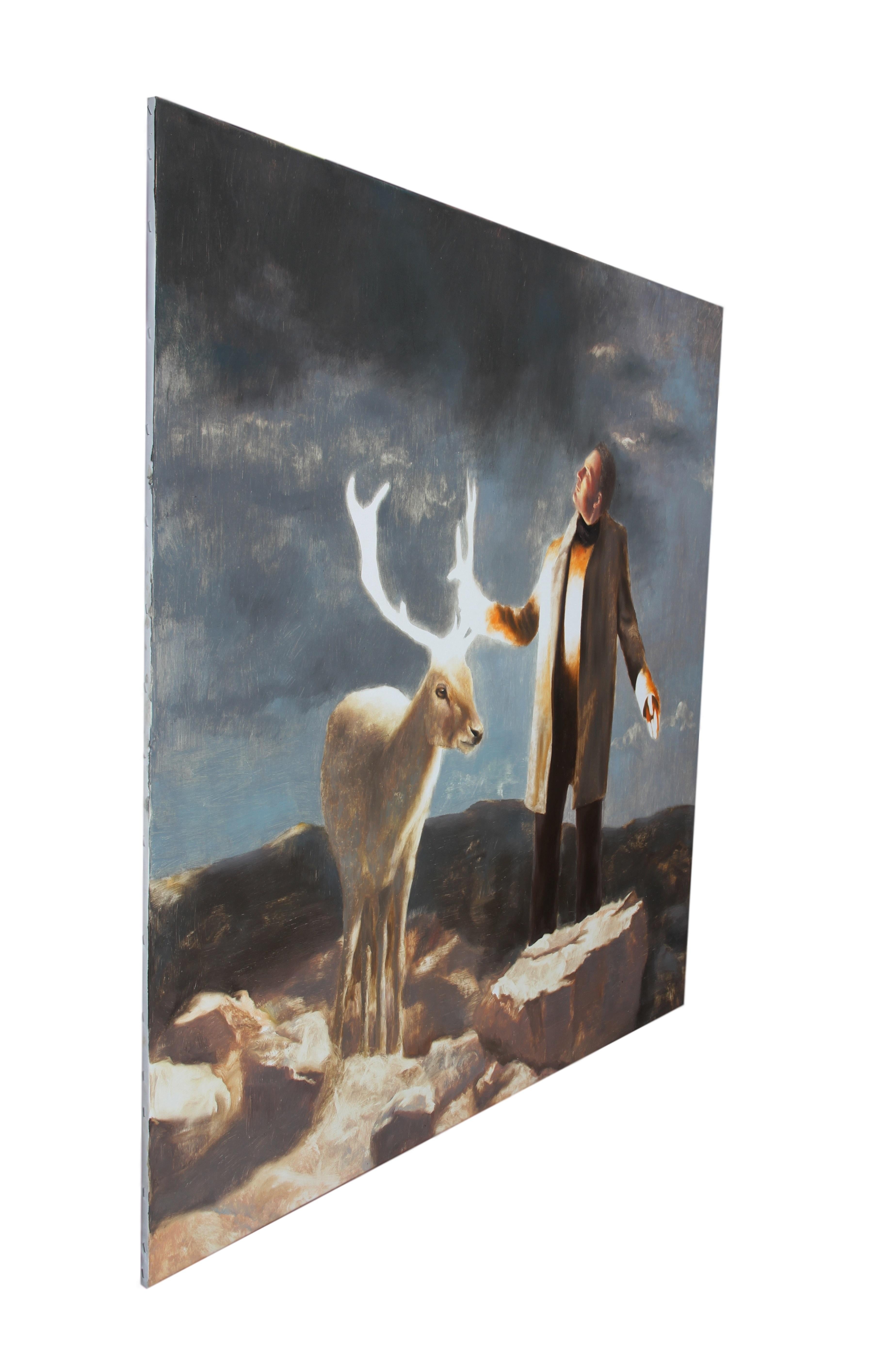 Magic (animal figurative oil painting surrealist deer man reindeer scenery) - Gray Animal Painting by Rudolf Kosow
