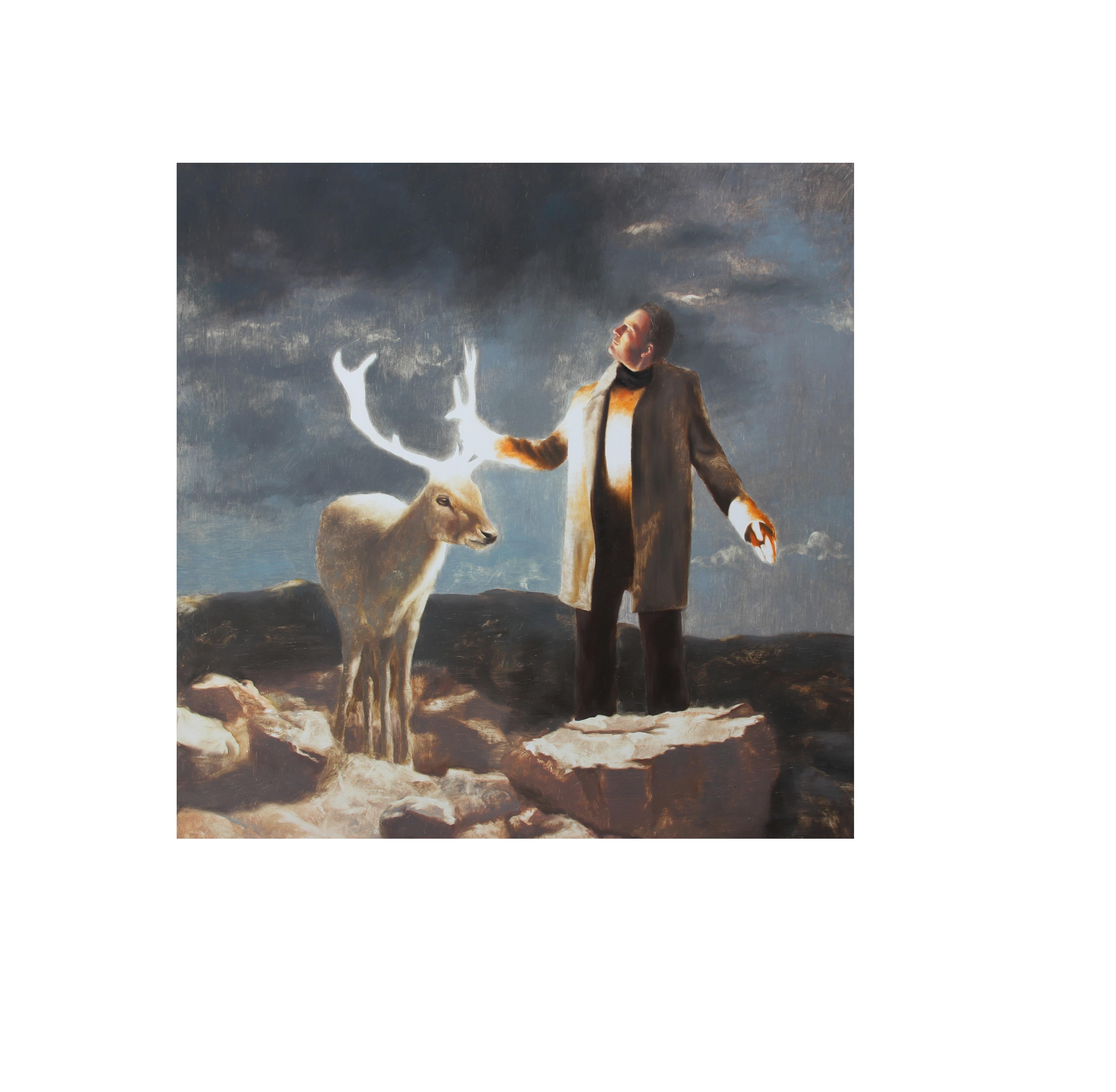 Magic (animal figurative oil painting surrealist deer man reindeer scenery)