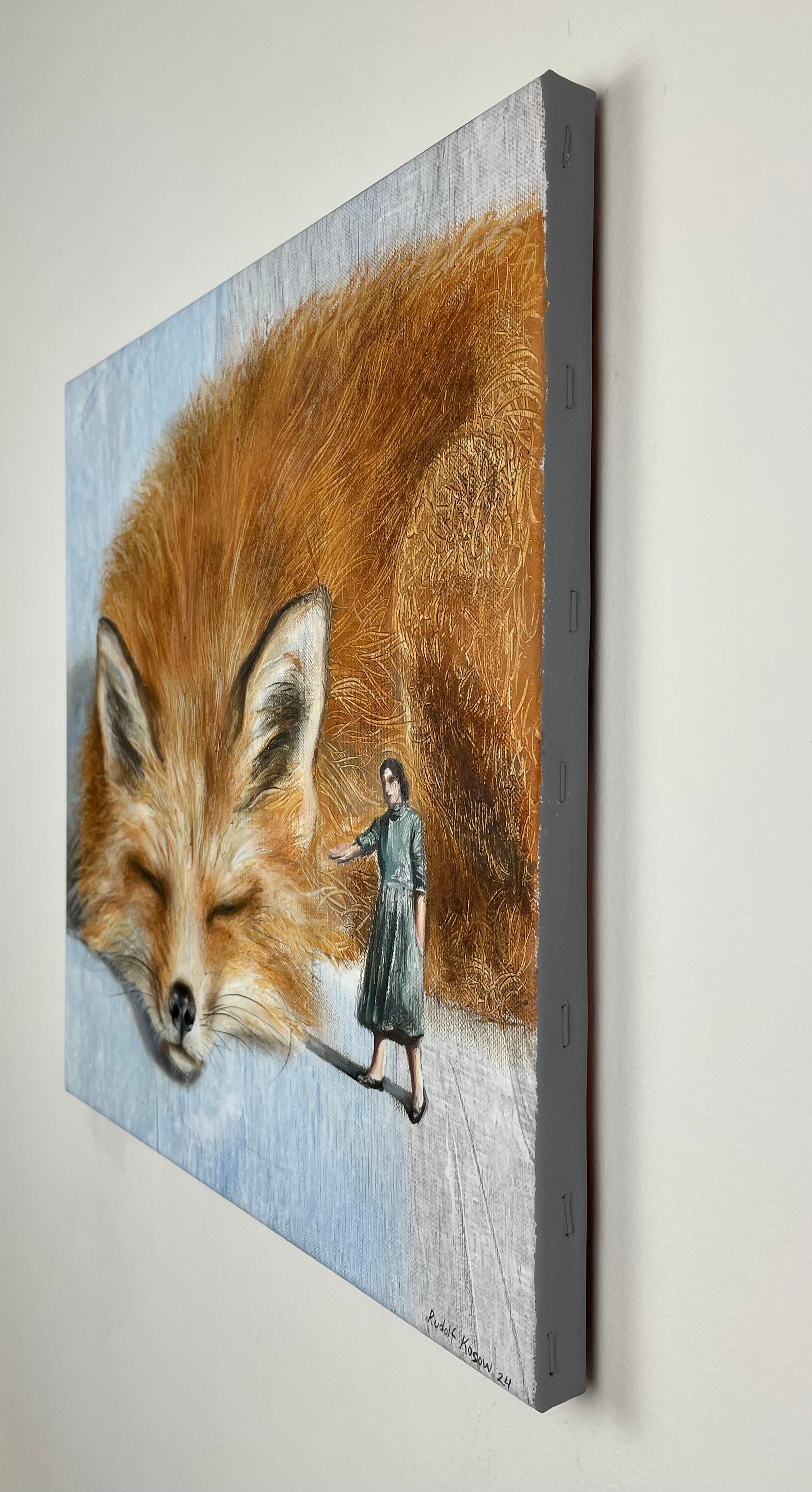 Magic (red fox, lady, foxy lady, vintage dress, animal, surrealist oil painting) - Surrealist Painting by Rudolf Kosow