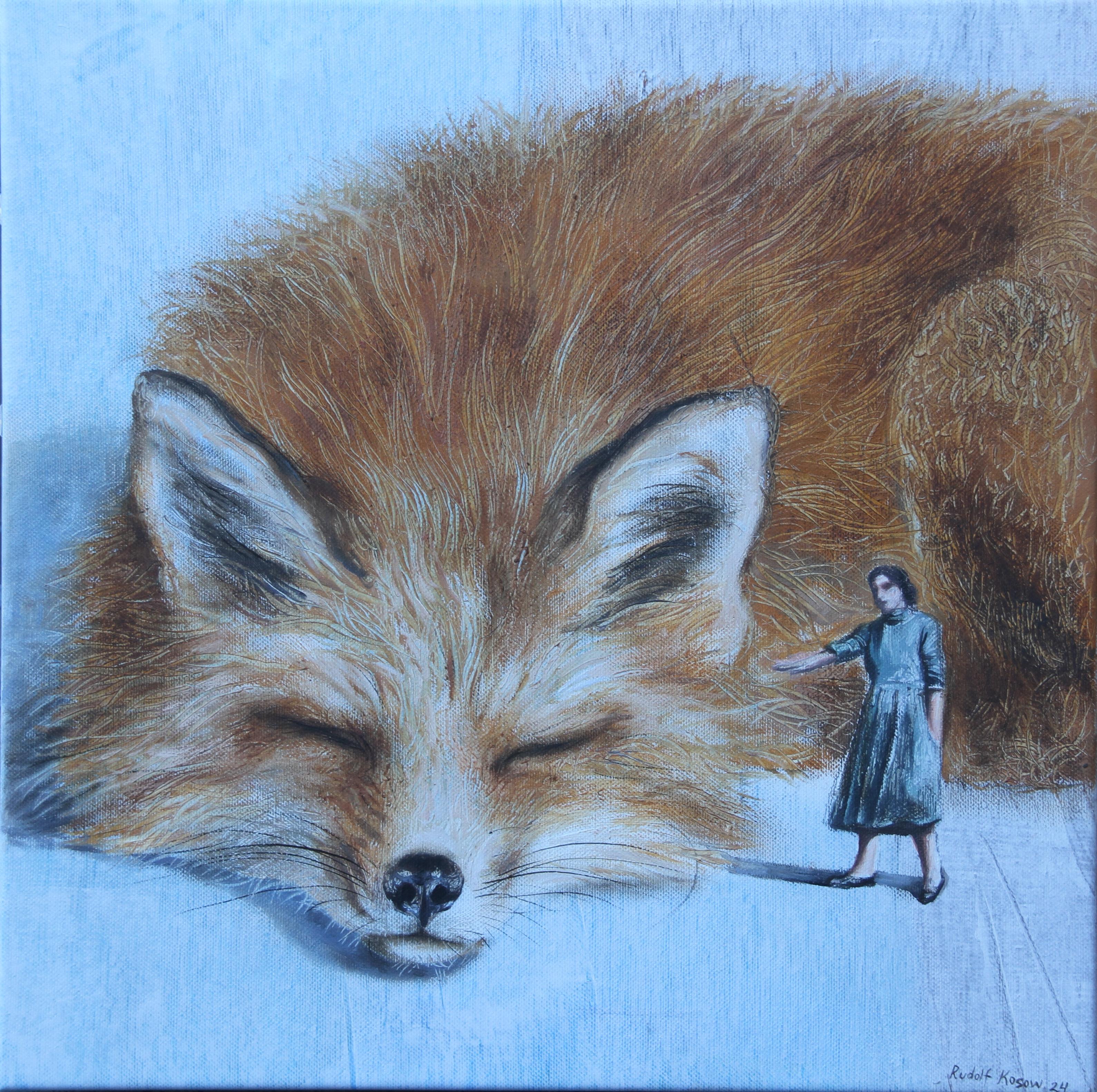 Rudolf Kosow Animal Painting - Magic (red fox, lady, foxy lady, vintage dress, animal, surrealist oil painting)