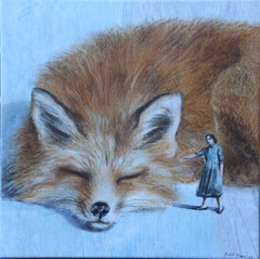 Magic (fox rouge, dame, foxy lady, robe vintage, animal, peinture à l'huile surréaliste)