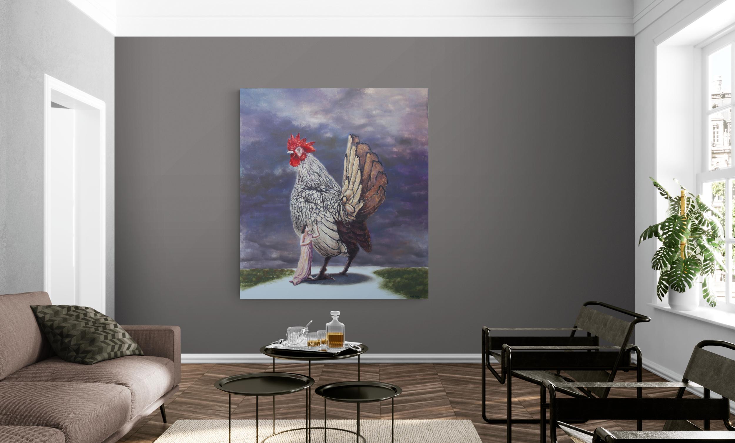 Magnetic (Hahn Ölgemälde Wolken surrealistische Dame in rosa Gewand Bauernhof Tier) im Angebot 5