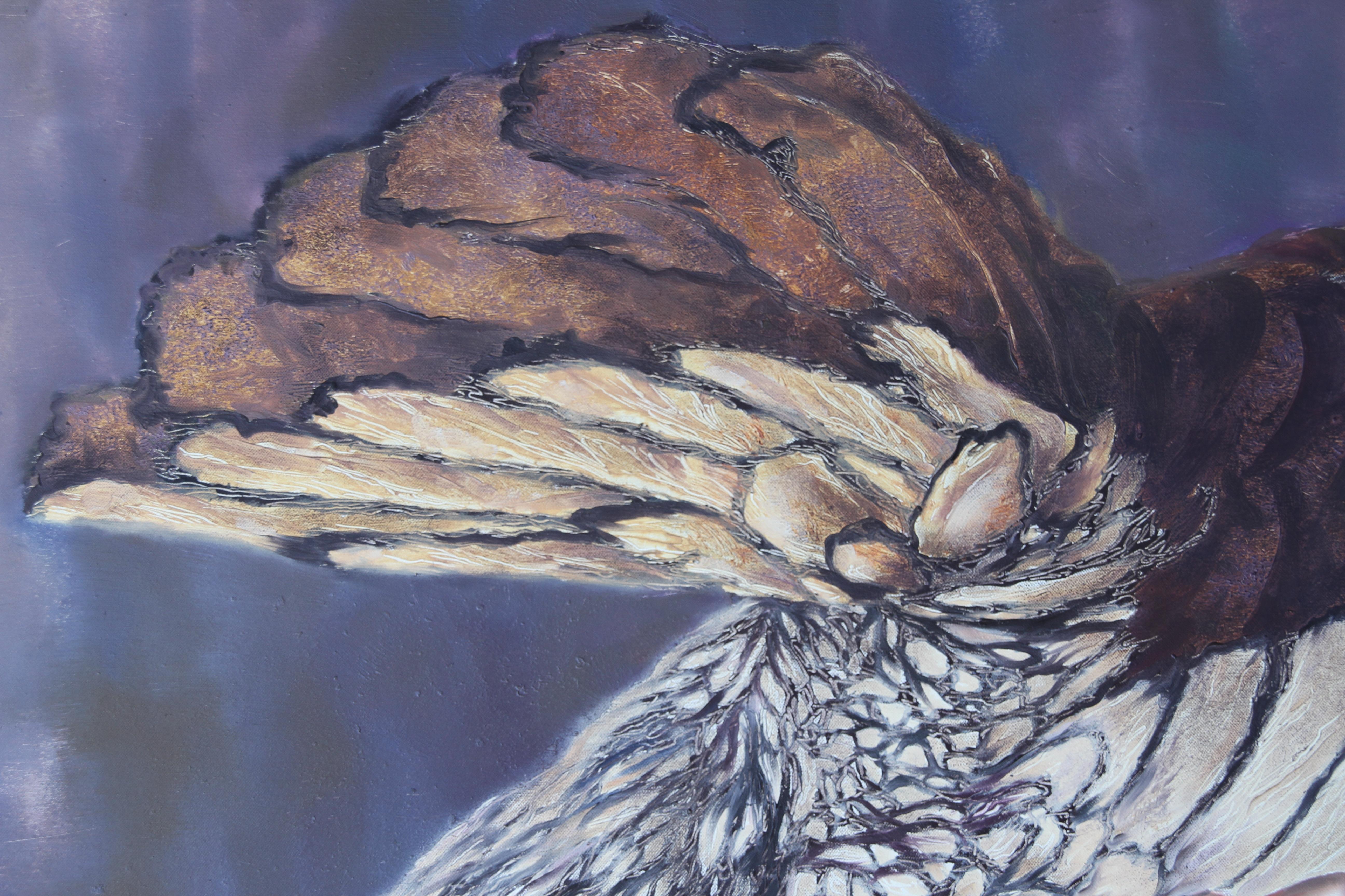 Magnetic (Hahn Ölgemälde Wolken surrealistische Dame in rosa Gewand Bauernhof Tier) (Grau), Figurative Painting, von Rudolf Kosow