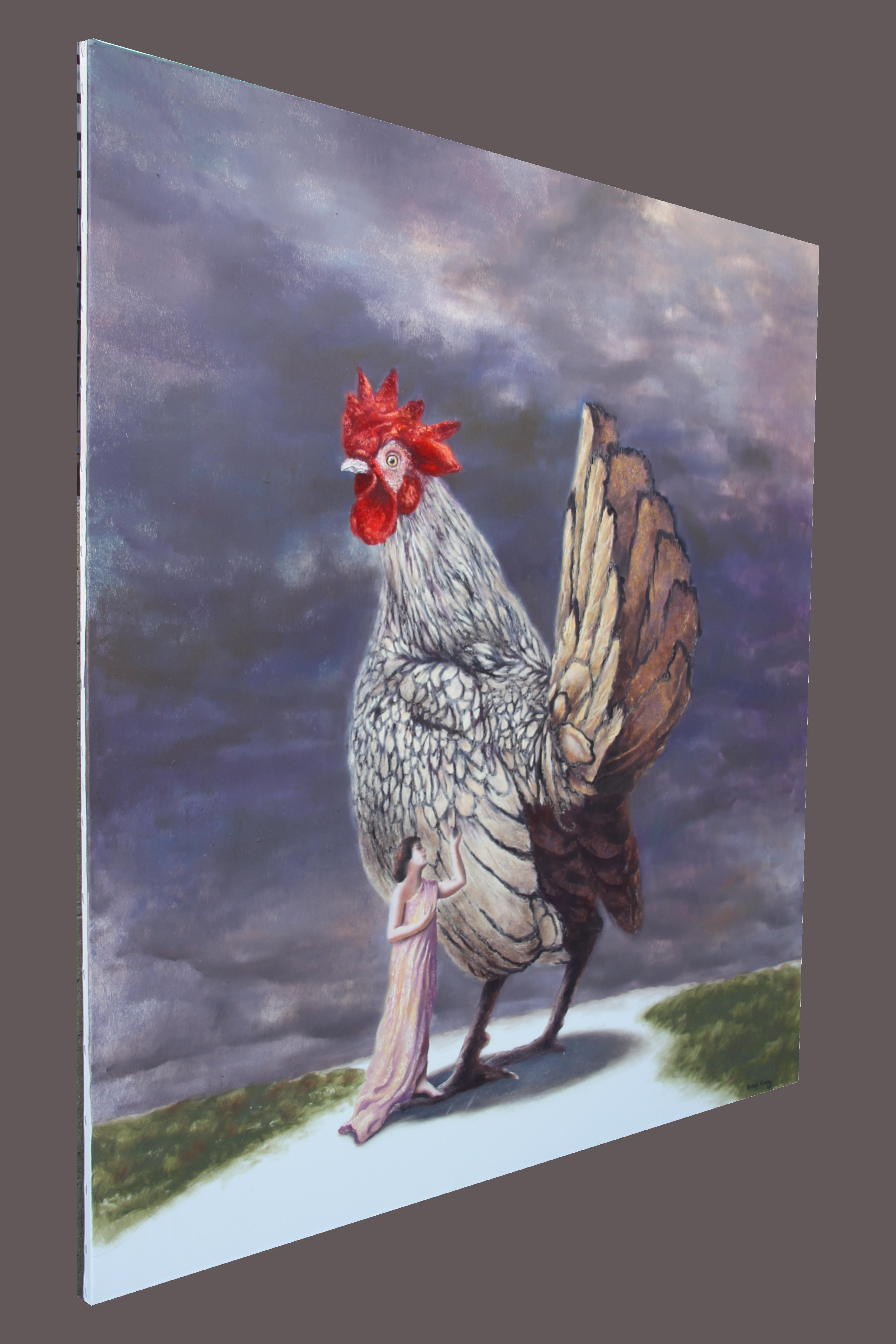 Magnetic (Hahn Ölgemälde Wolken surrealistische Dame in rosa Gewand Bauernhof Tier) im Angebot 3